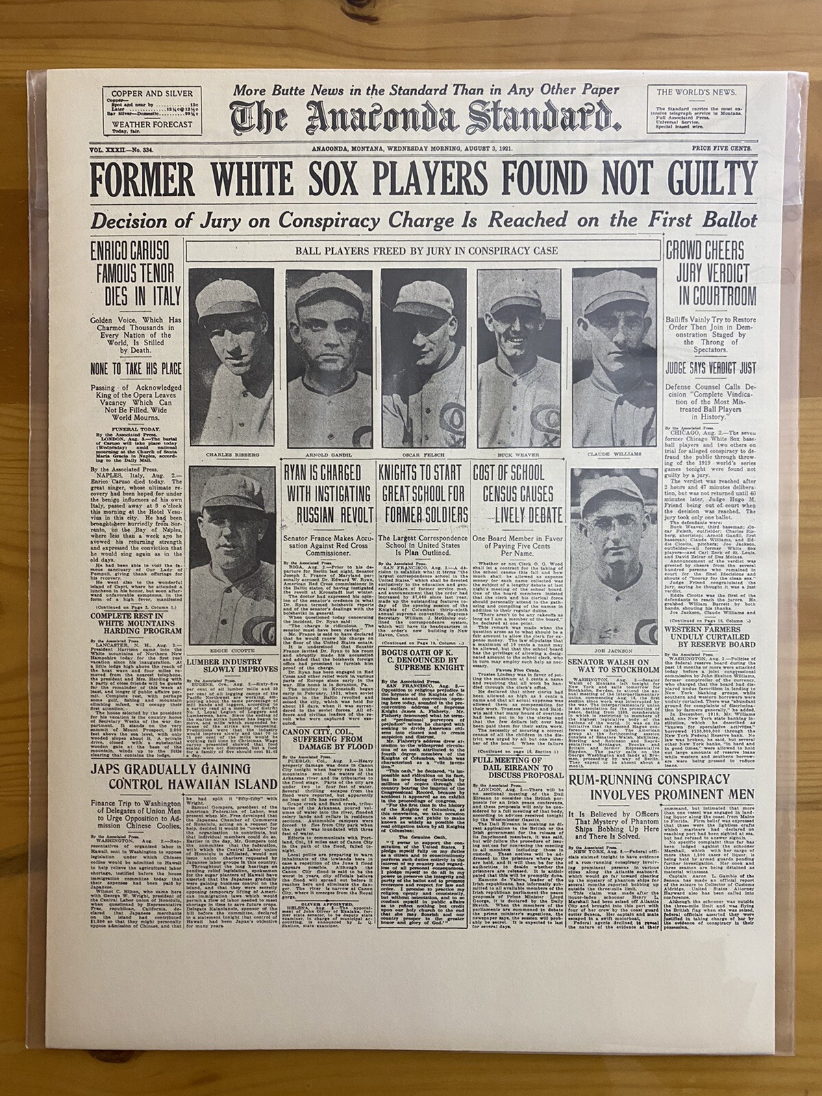 VINTAGE NEWSPAPER HEADLINE ~CHICAGO WHITE SOX BASEBALL PLAYERS NOT GUILTY 1921