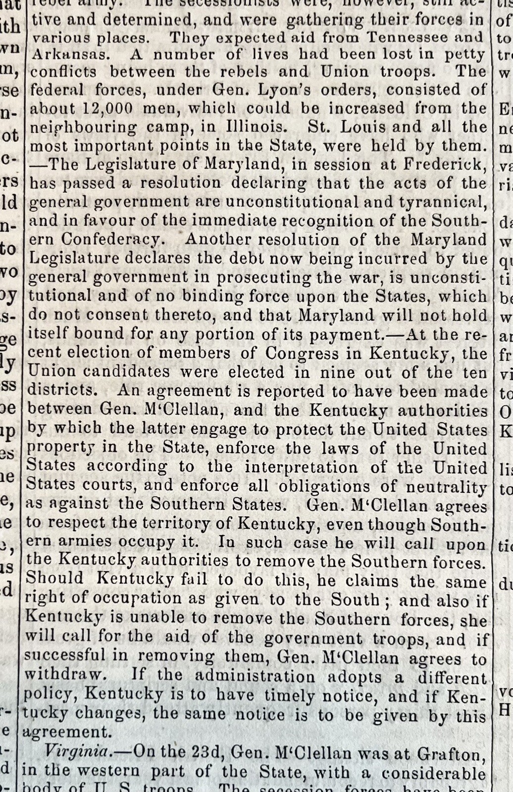1861 CIVIL WAR newspaper MARYLAND Govt @ Frederick VOTES 2 SUPPORT CONFEDERACY