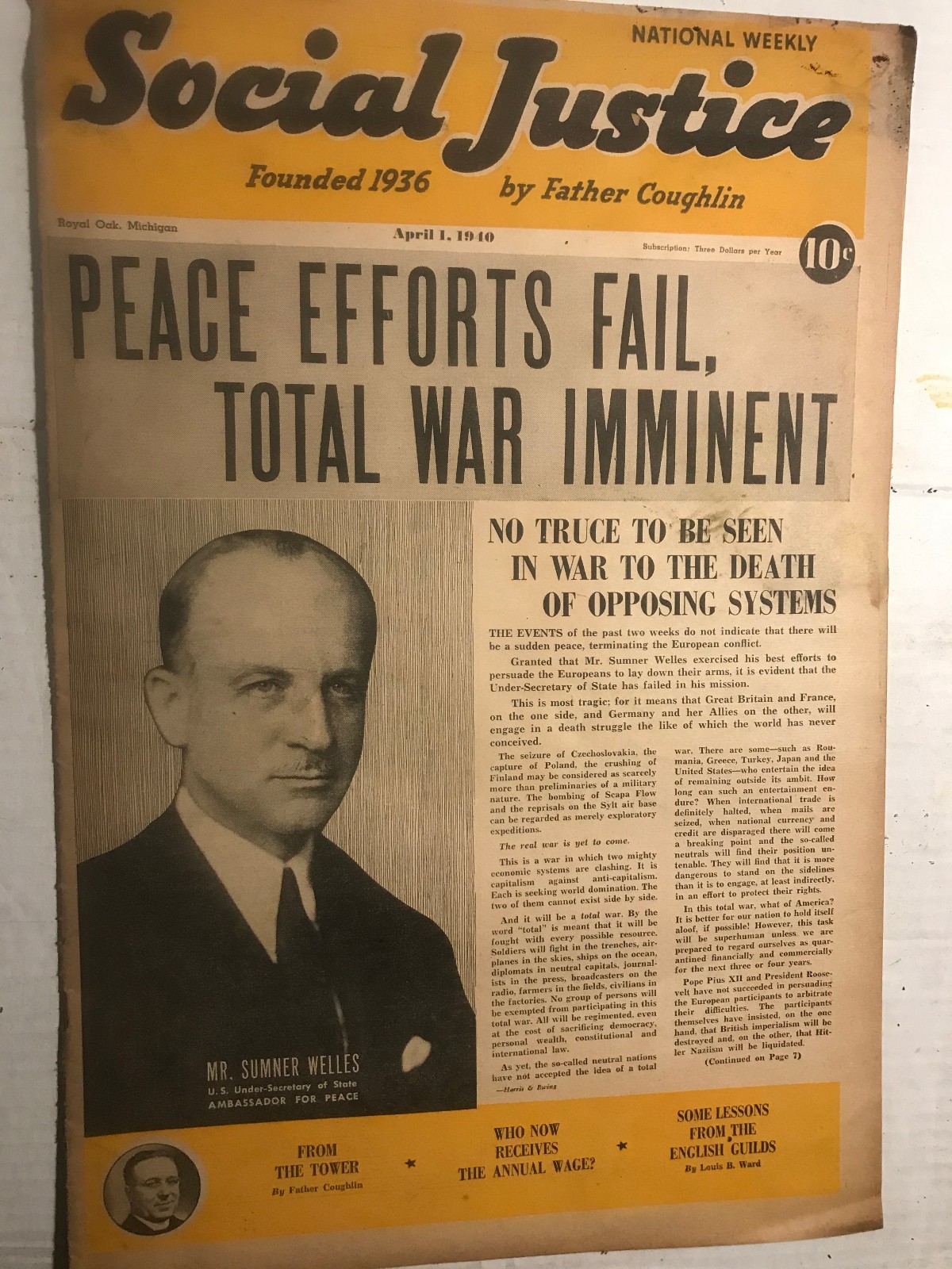 1940 Social Justice Newspaper Peace Efforts Fail Total War Imminent Headlines