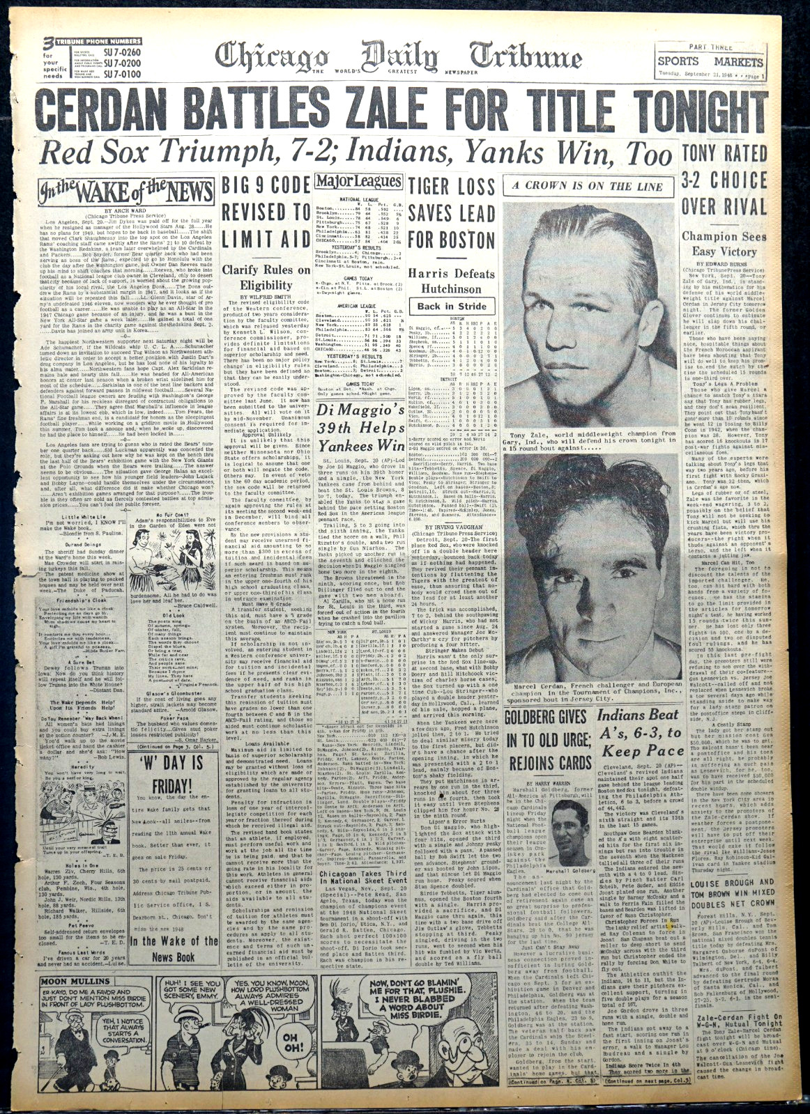 1948 Chicago Newspaper Collection – Marcel Cerdan TKO Over Tony Zale Wins Title