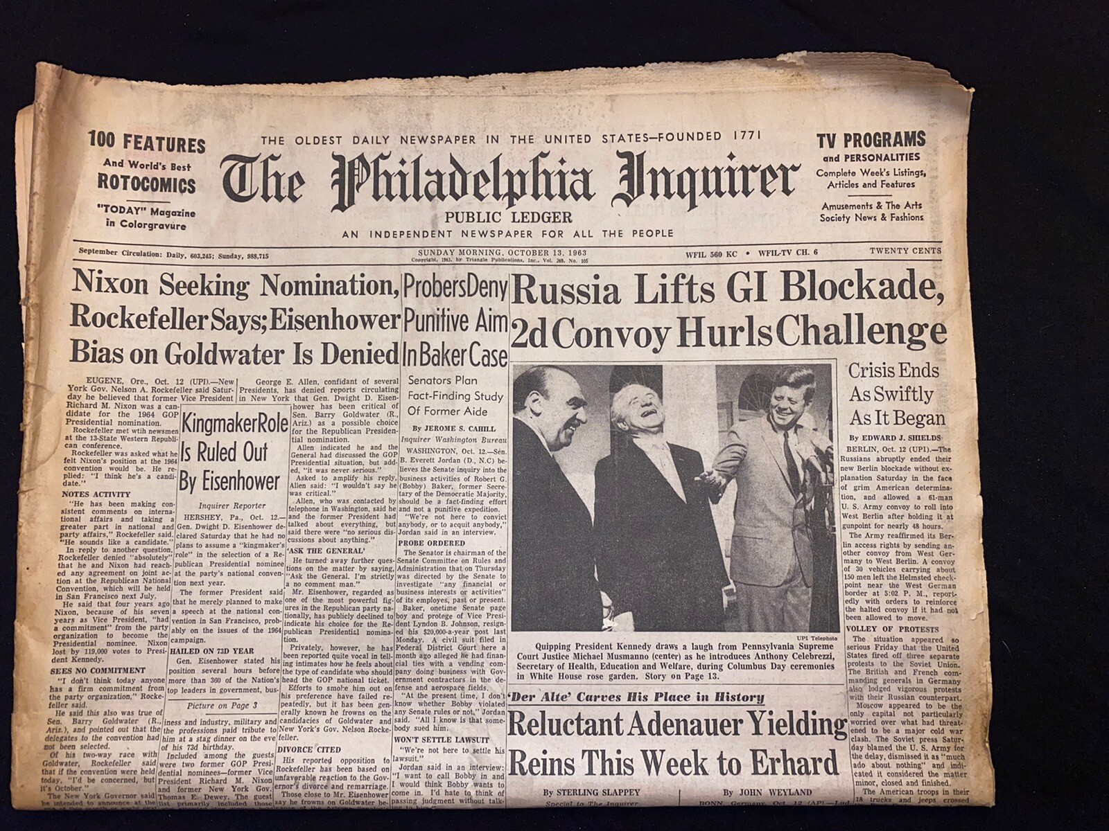 The Philadelphia Inquirer October 1963 President Kennedy News Nixon Rockefeller