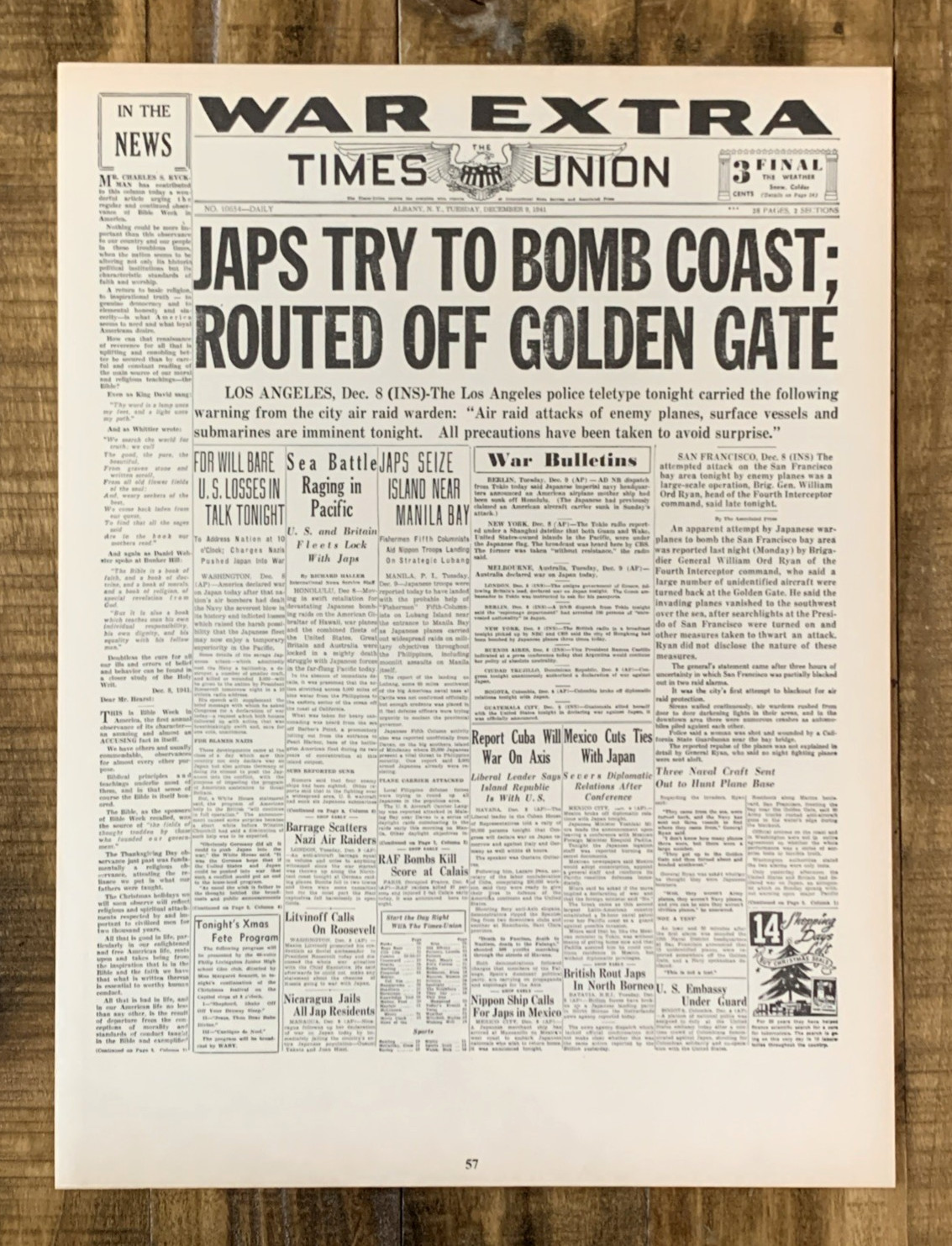 Times Union War Extra Japs Try Bomb Coast Newspaper Front Page Headline 1941 #57