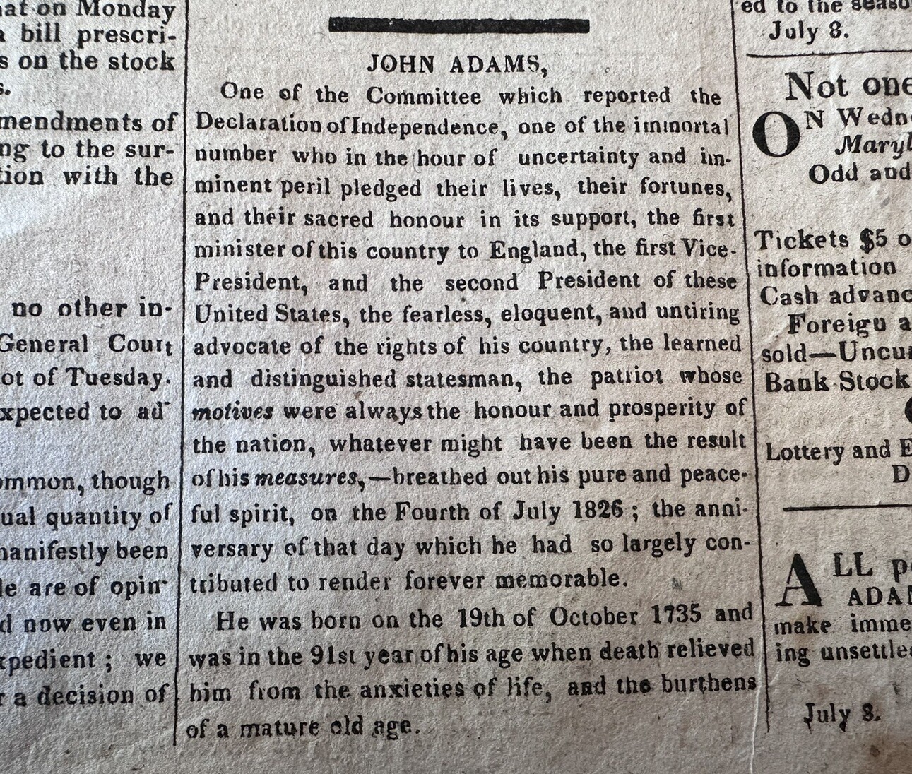 July 8, 1826 John Adams Death Obituary US Founding Father, Slavery Newspaper