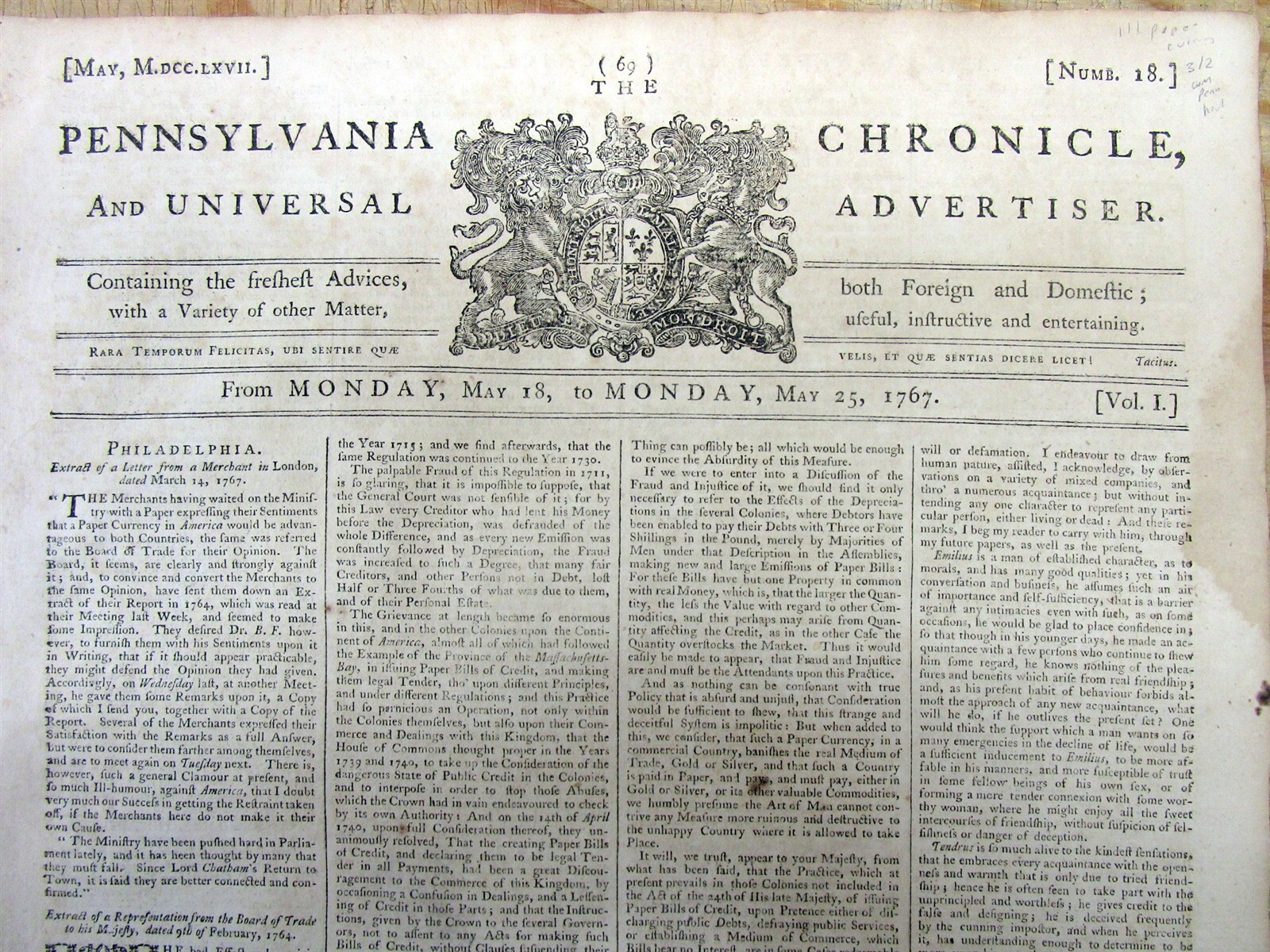 1767 Colonial PHILADELPHIA newspaper & extra WILLIAM PENN founding PENNSYLVANIA