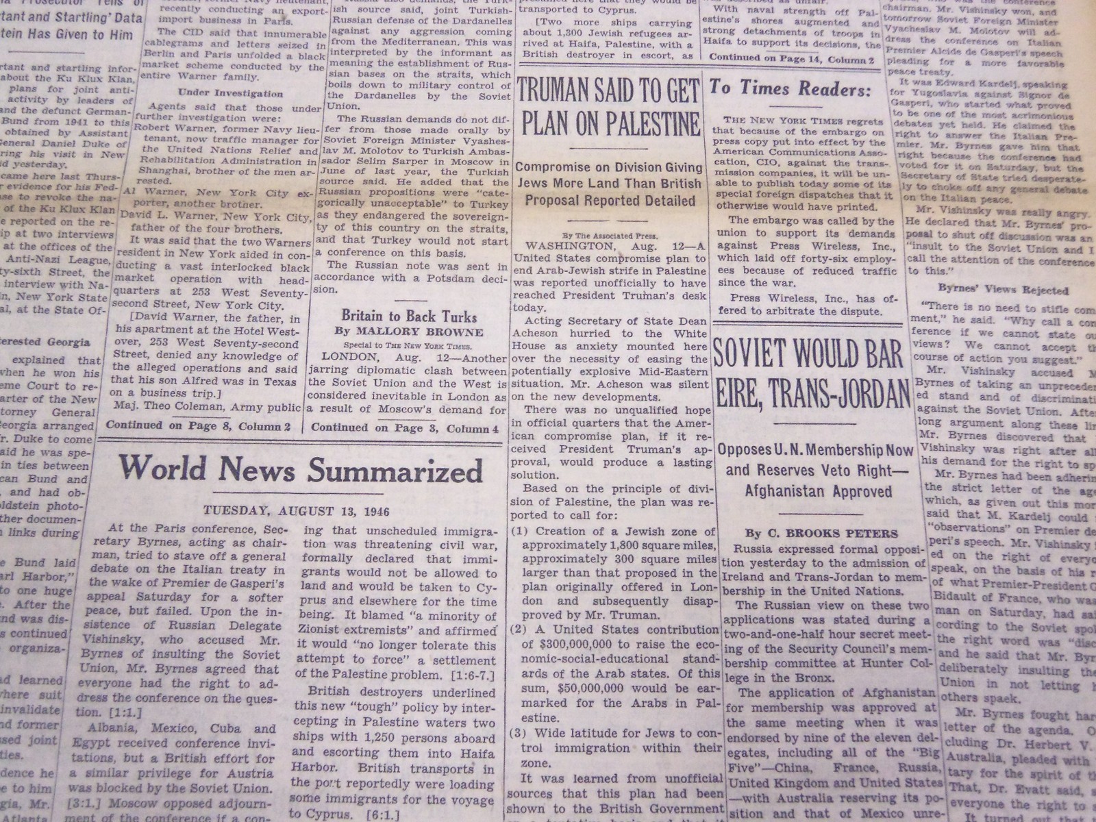 1946 AUGUST 13 NEW YORK TIMES – TRUMAN TO GET PLAN ON PALESTINE – NT 3458