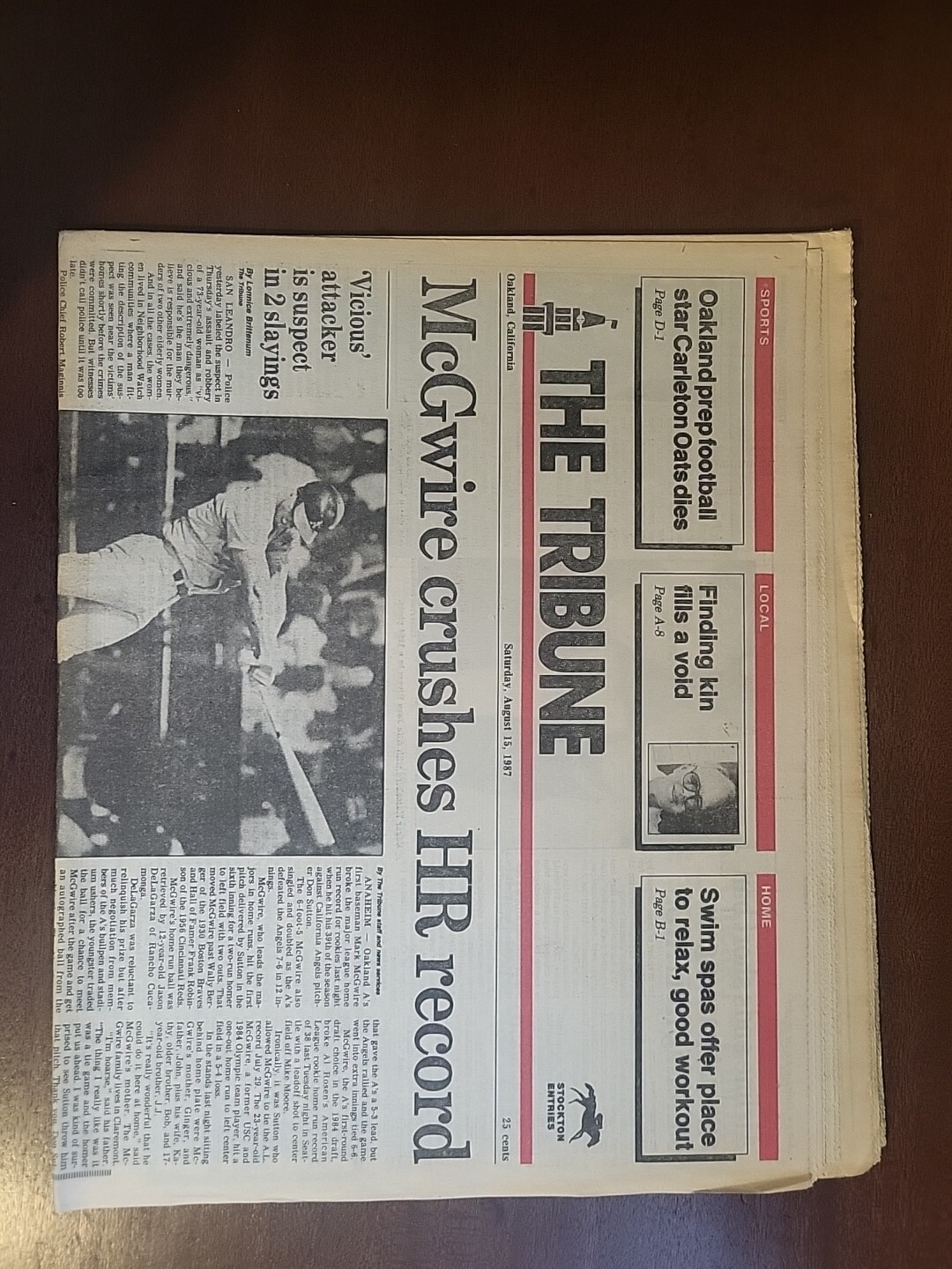 Oakland Tribune McGuire Rookie Hr Record 39 8/15/1987