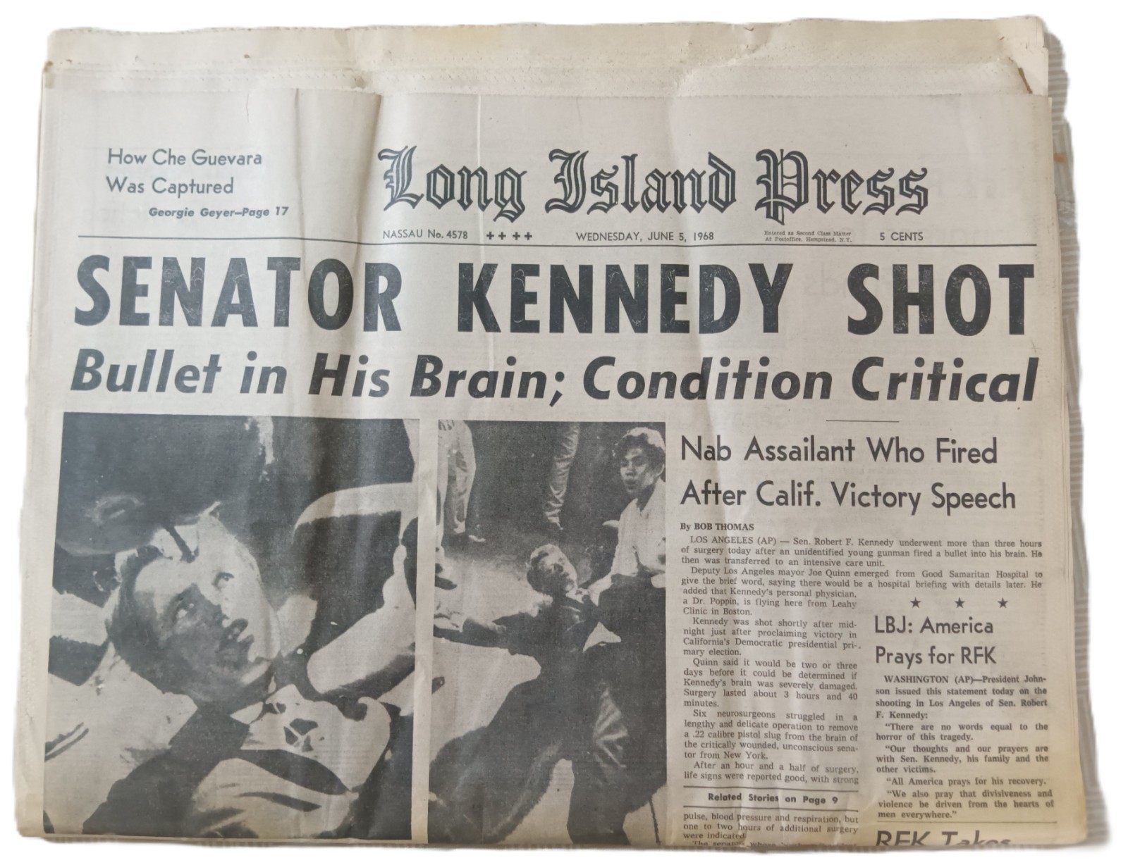 LONG ISLAND PRESS JUNE 5, 1968 SEN. KENNEDY SHOT (RFK) HISTORY COLLECTIBLE