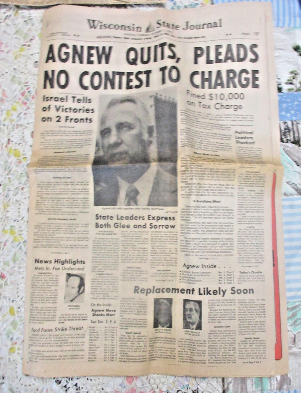 Newspaper Section ~AGNEW QUITS~ Wisconsin State Journal 10/11/73