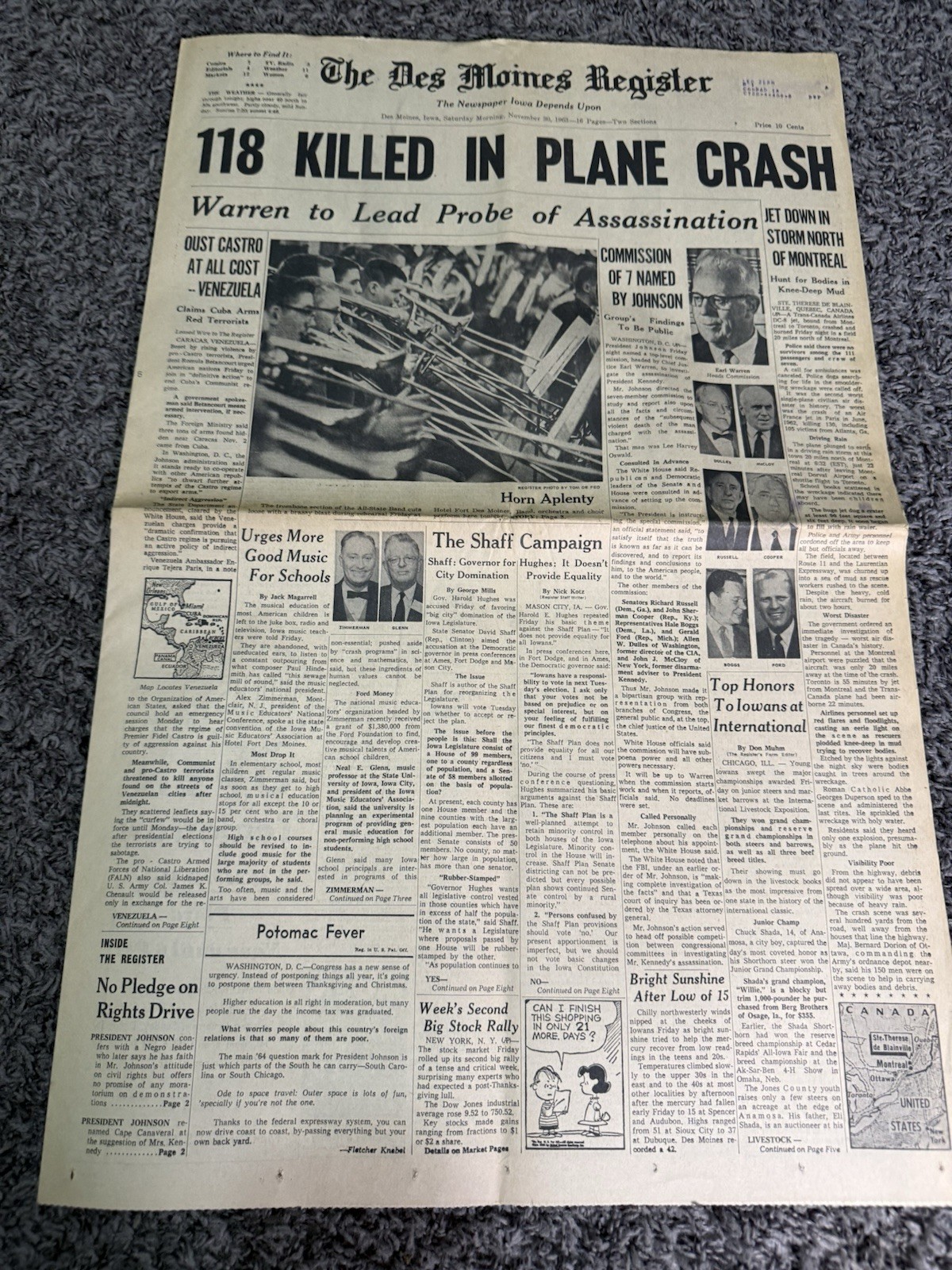 Des Moines IA Register Nov 1963 JFK Assassination Warren Commission Plane Crash