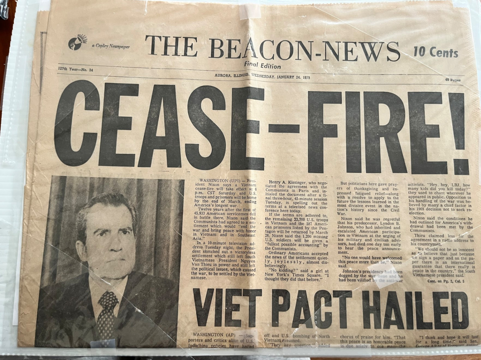 FREE SHIP! January 24, 1973 Issue Beacon-News Cease Fire in Vietnam Nixon