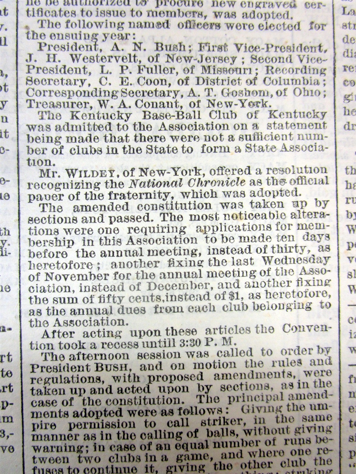 1869 NY Times newspaper w ORGANIZATION / FORMATION ofTHE 1st PRO BASEBALL LEAGUE