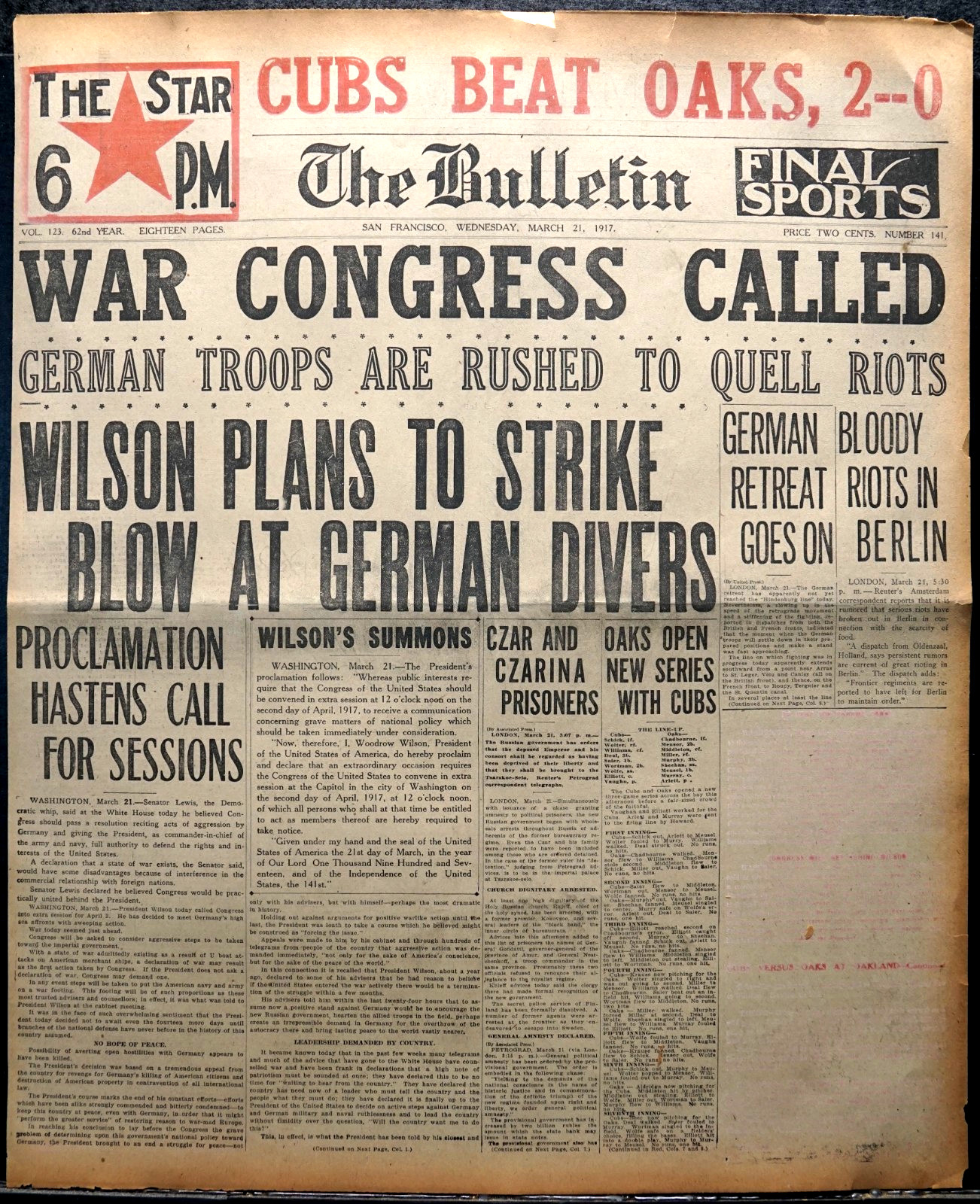 1917 Newspaper Front Page – Russian Czar Nicholas & Czarina Prisoners