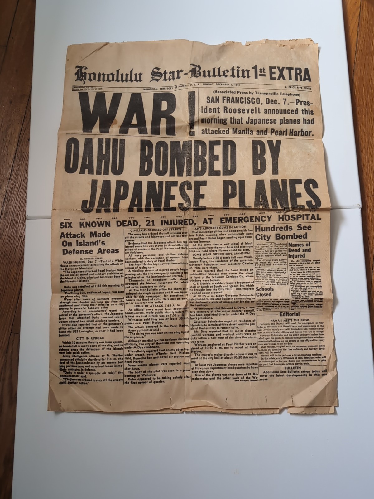 Honolulu Star War! Oahu Bombed by Japanese Planes WW2 1941 Reprint Year Unknown
