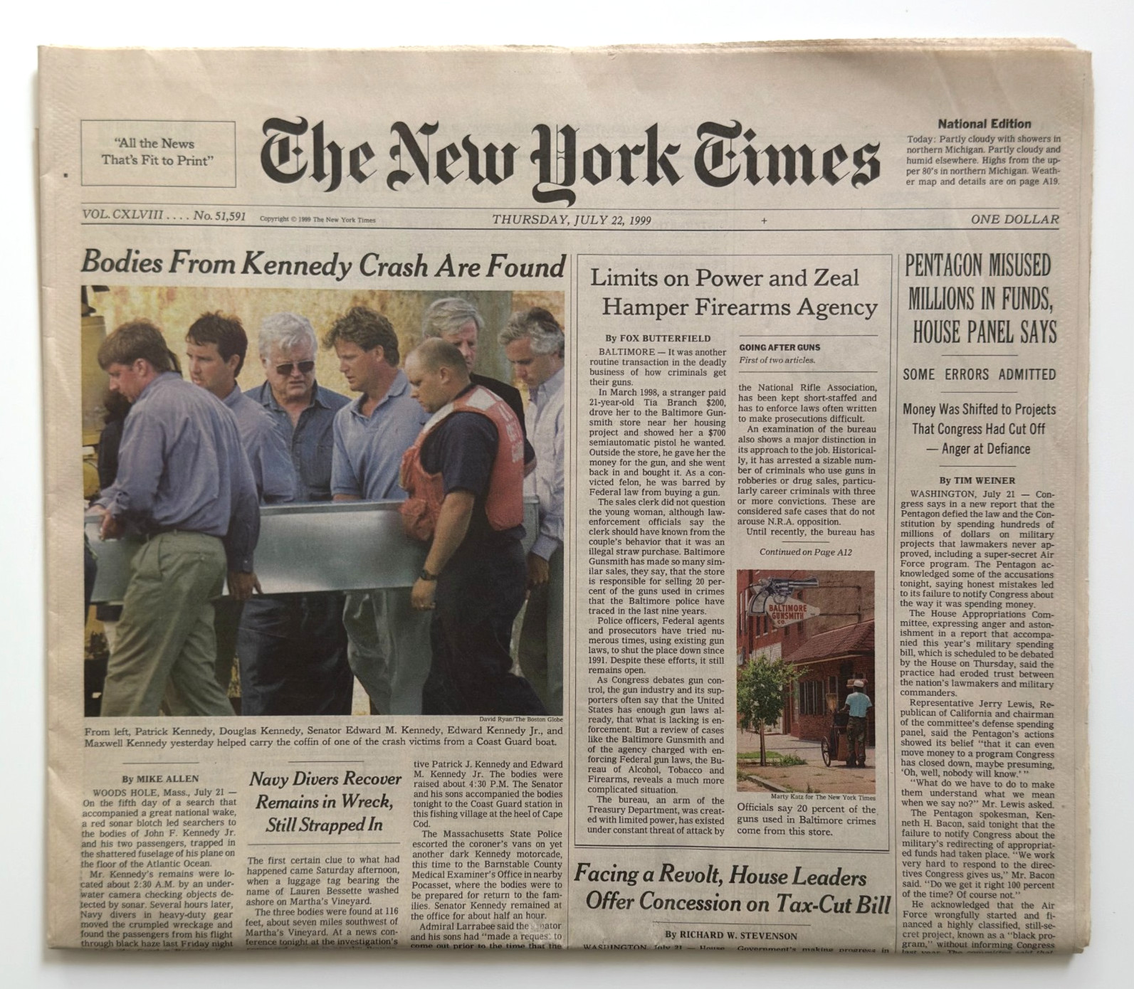 Vintage 1999 New York Times Newspaper JFK Jr Plane Crash Bodies Found July 22