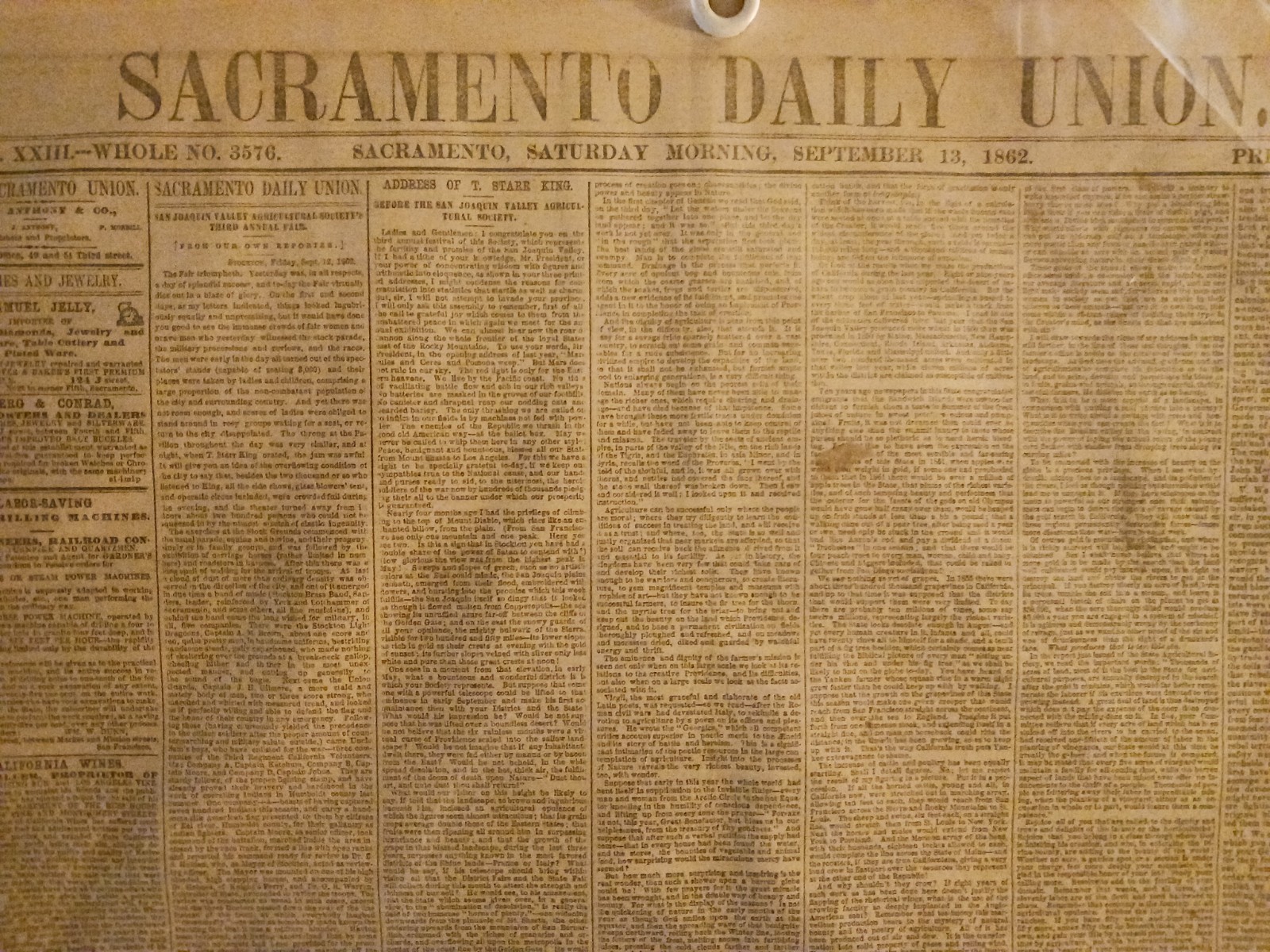 NEWSPAPER – SACRAMENTO DAILY UNION – HORACE GREELEY SEPTEMBER 13, 1862