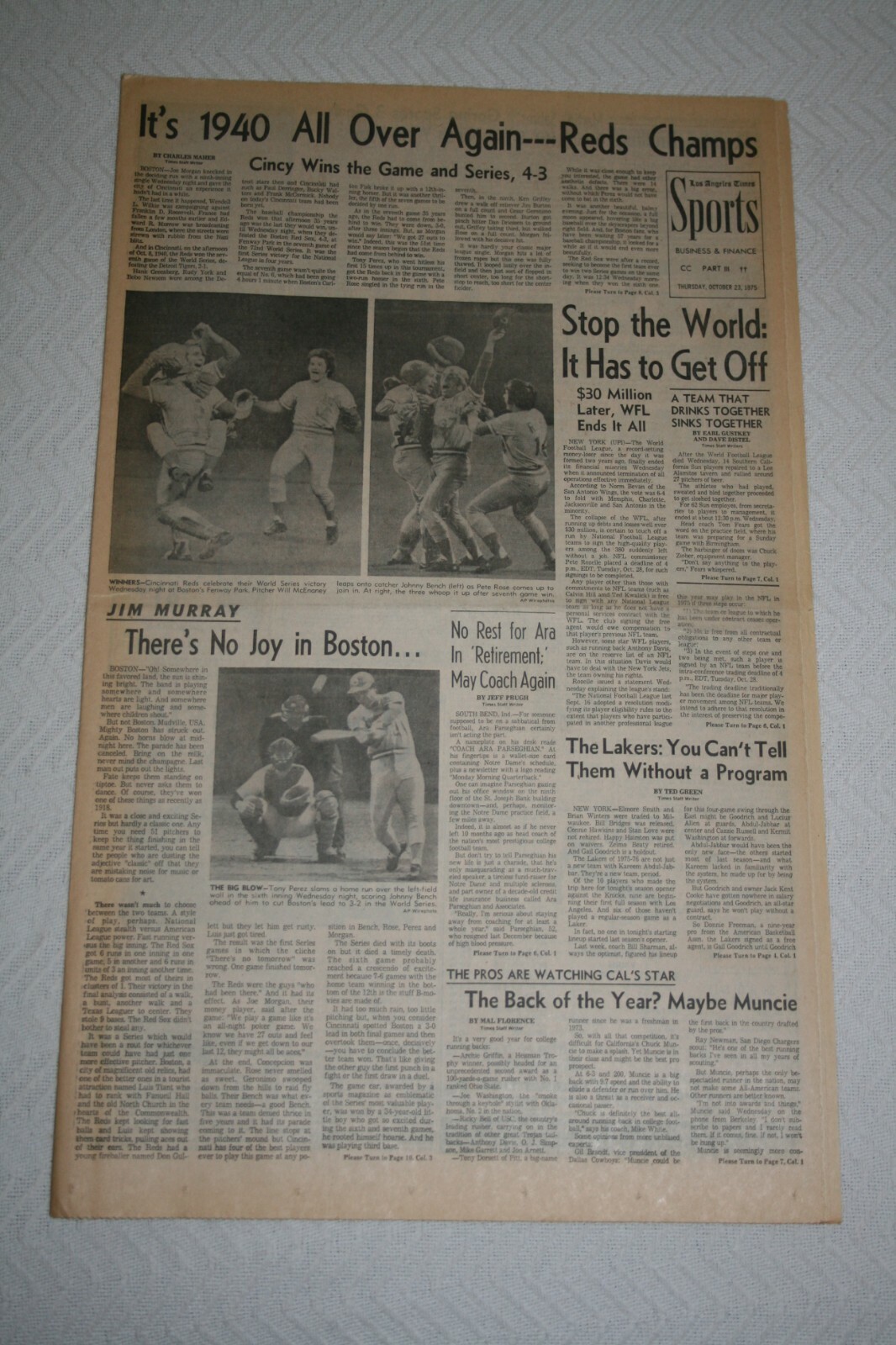 1975 Los Angeles Times * World Series Game 7 * Cincinnati Reds vs Boston Red Sox