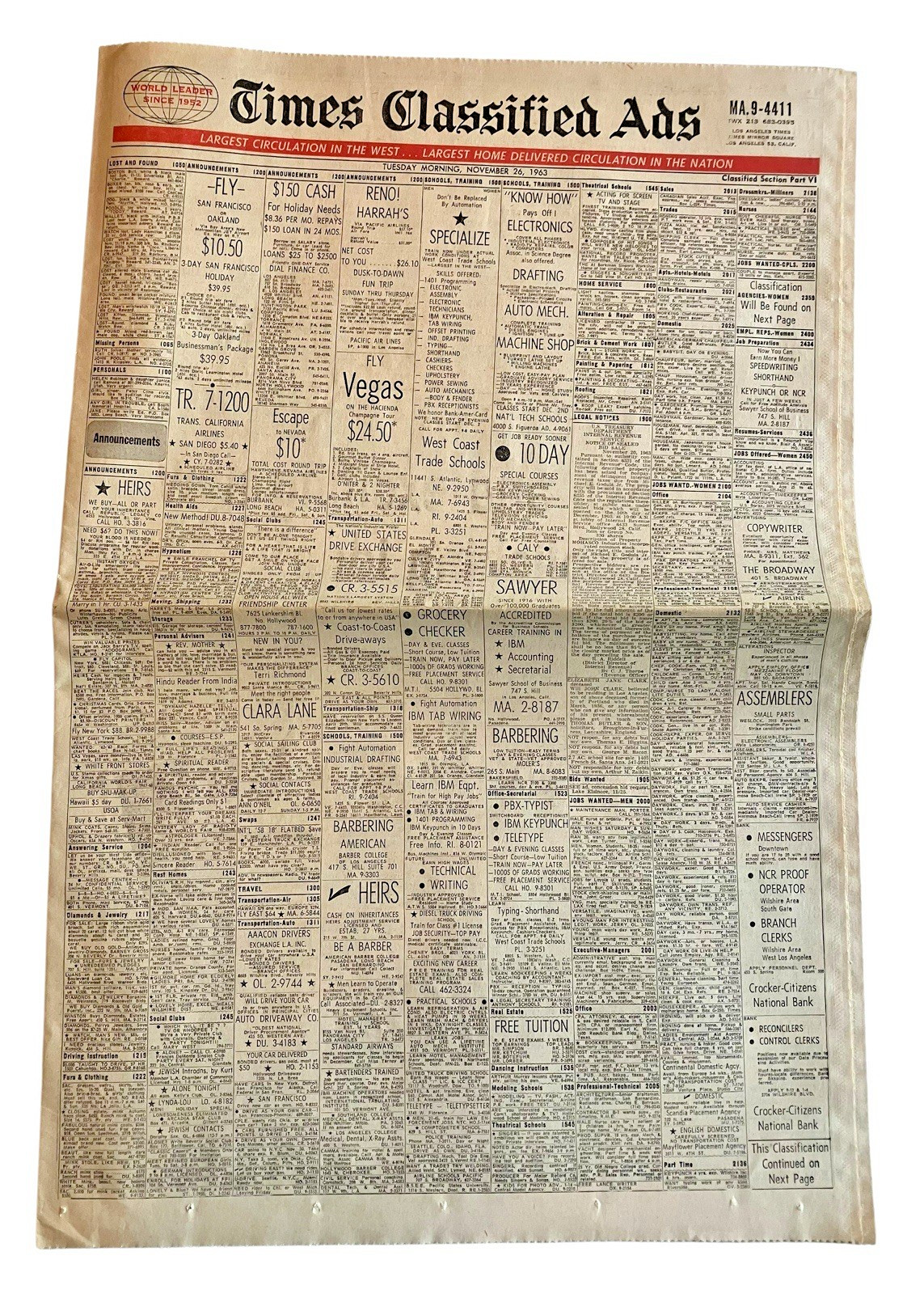 Vtg Los Angeles Times Nov 1963 Classified Section Classic Car Ads CA Real Estate