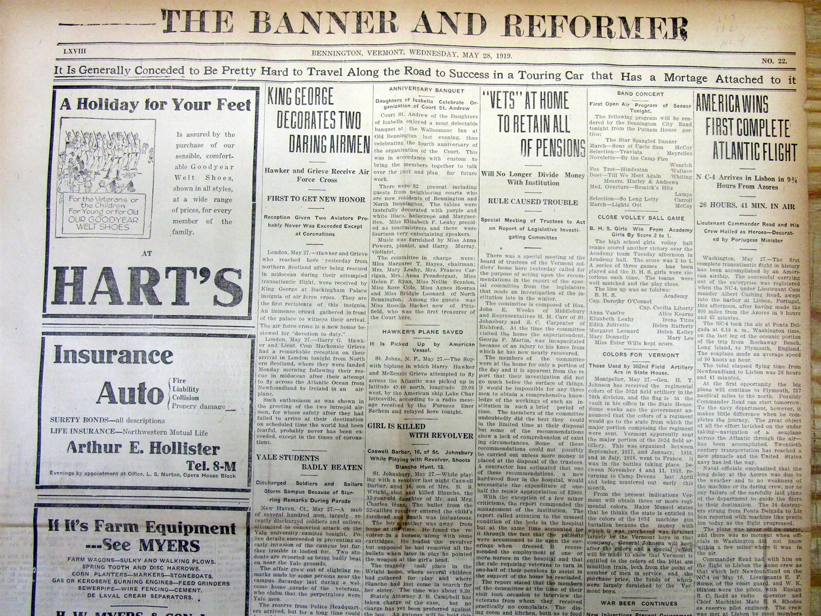 2 1919 newspapers NC-4 AIRPLANE becomes 1st Complete flight over Atlantic Ocean