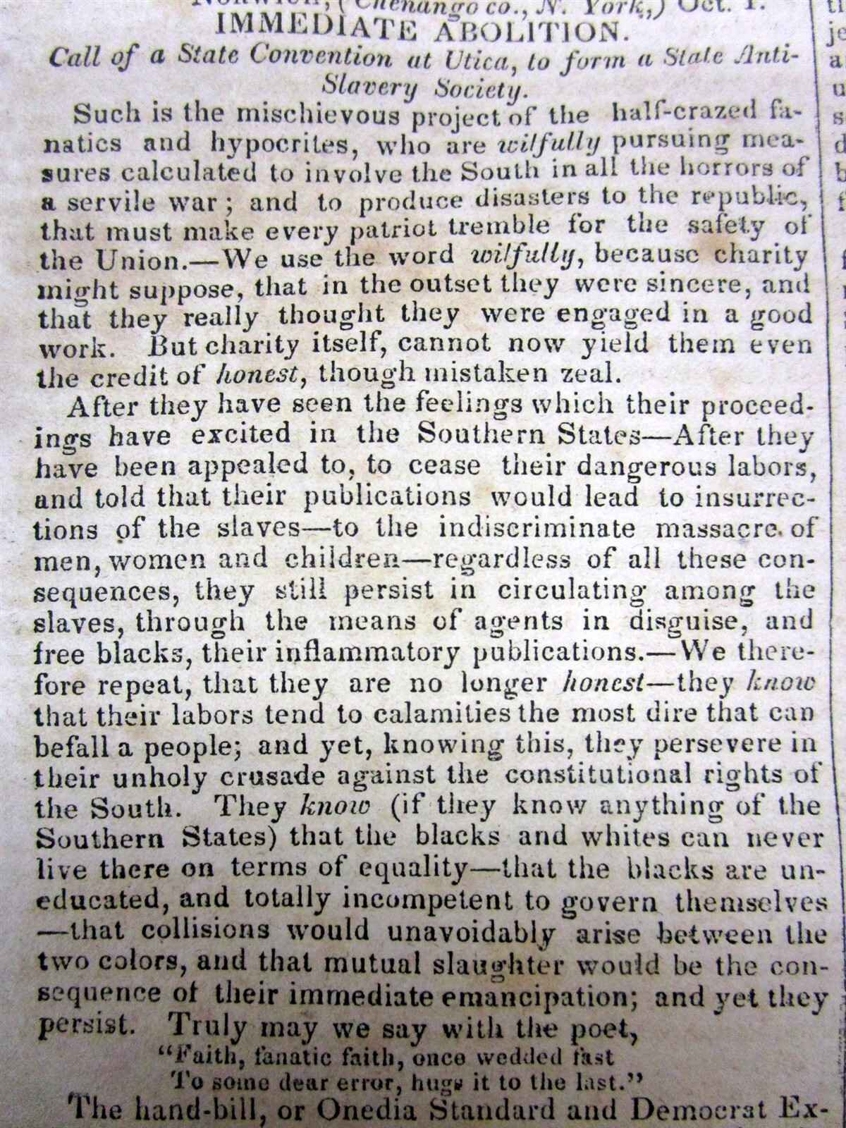 2 1835 Richmond VA newspapers w ANTI-SLAVERY CONVENTION held in UTICA New York