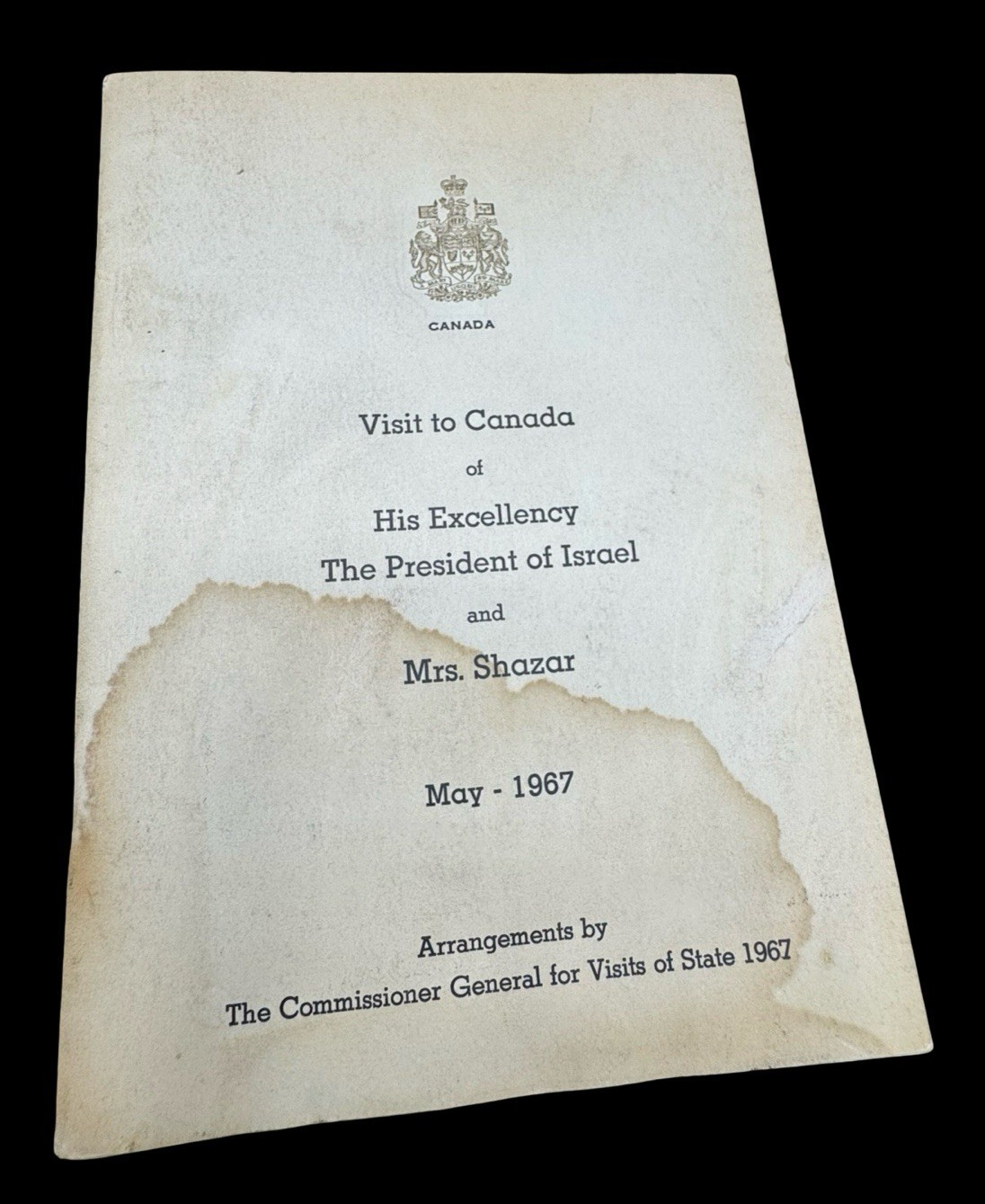 1967 Canada State Visit Program President of Israel Shazar Diplomatic Document