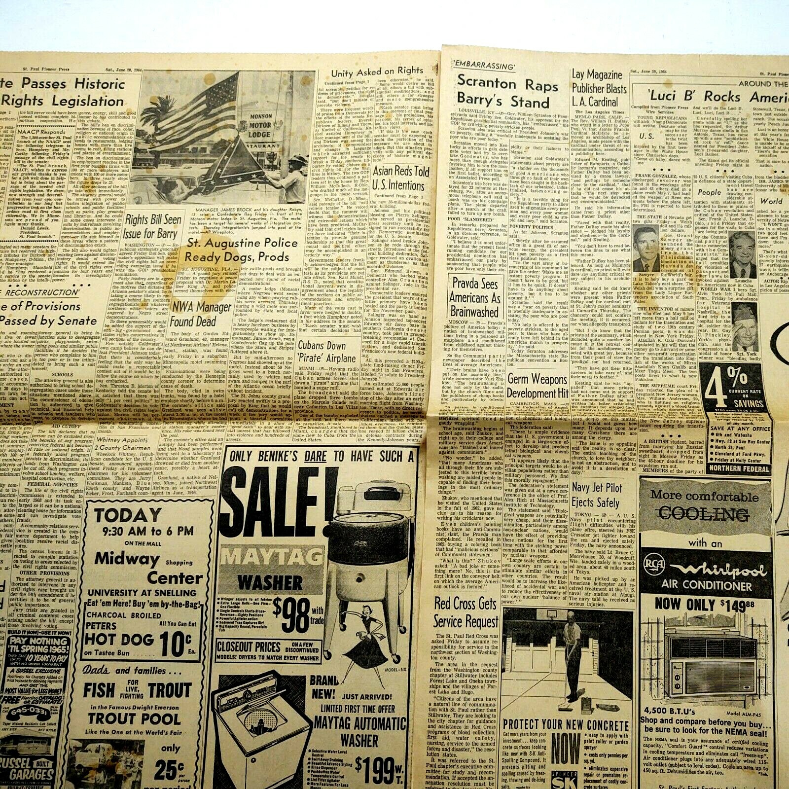Vintage Newspaper 1964 Edward Kennedy Plane Crash + MLK To Test Rights Bill