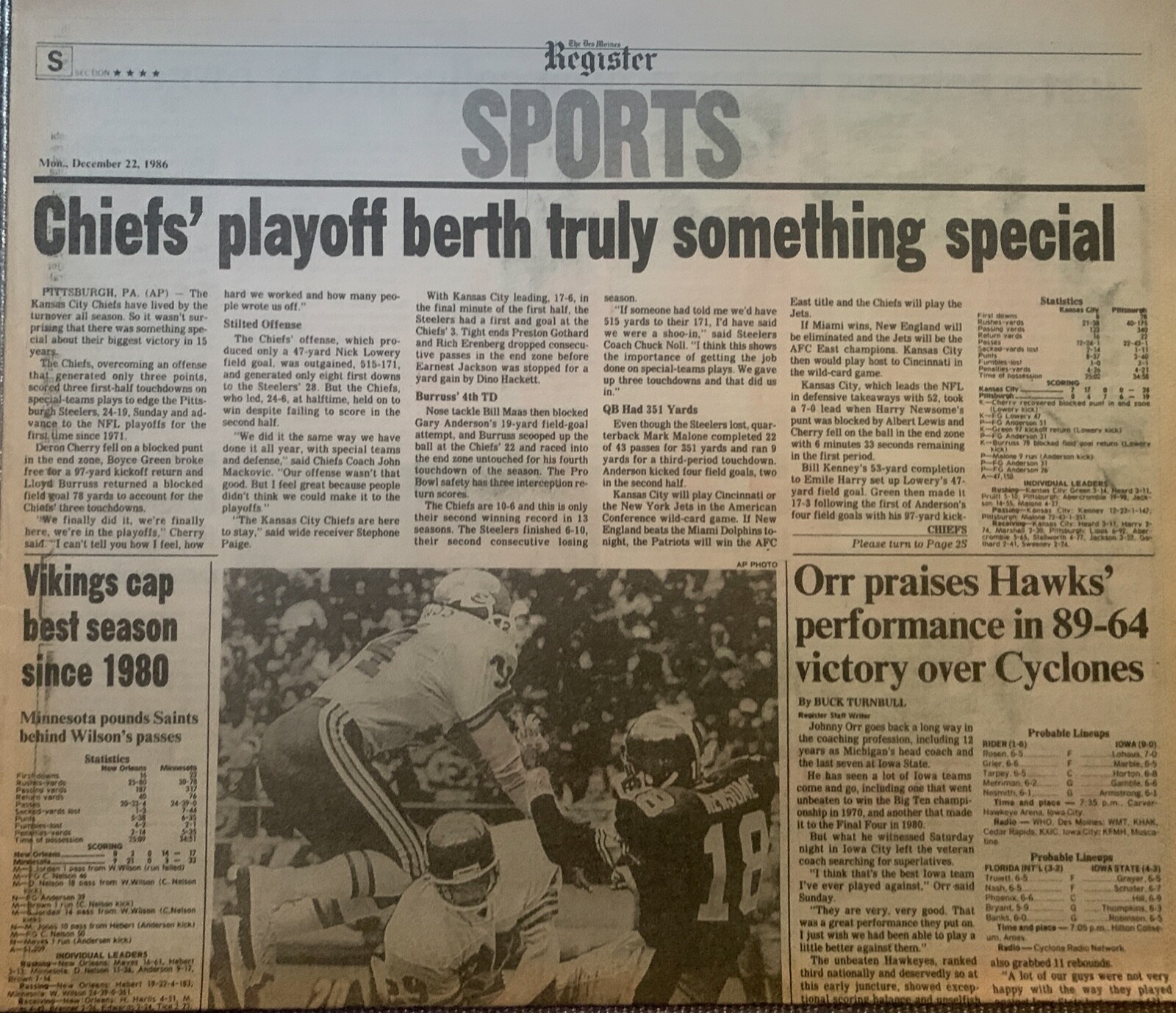 Kansas City Chiefs beat Pittsburgh -go to Playoffs -12/22/86 Des Moines Register