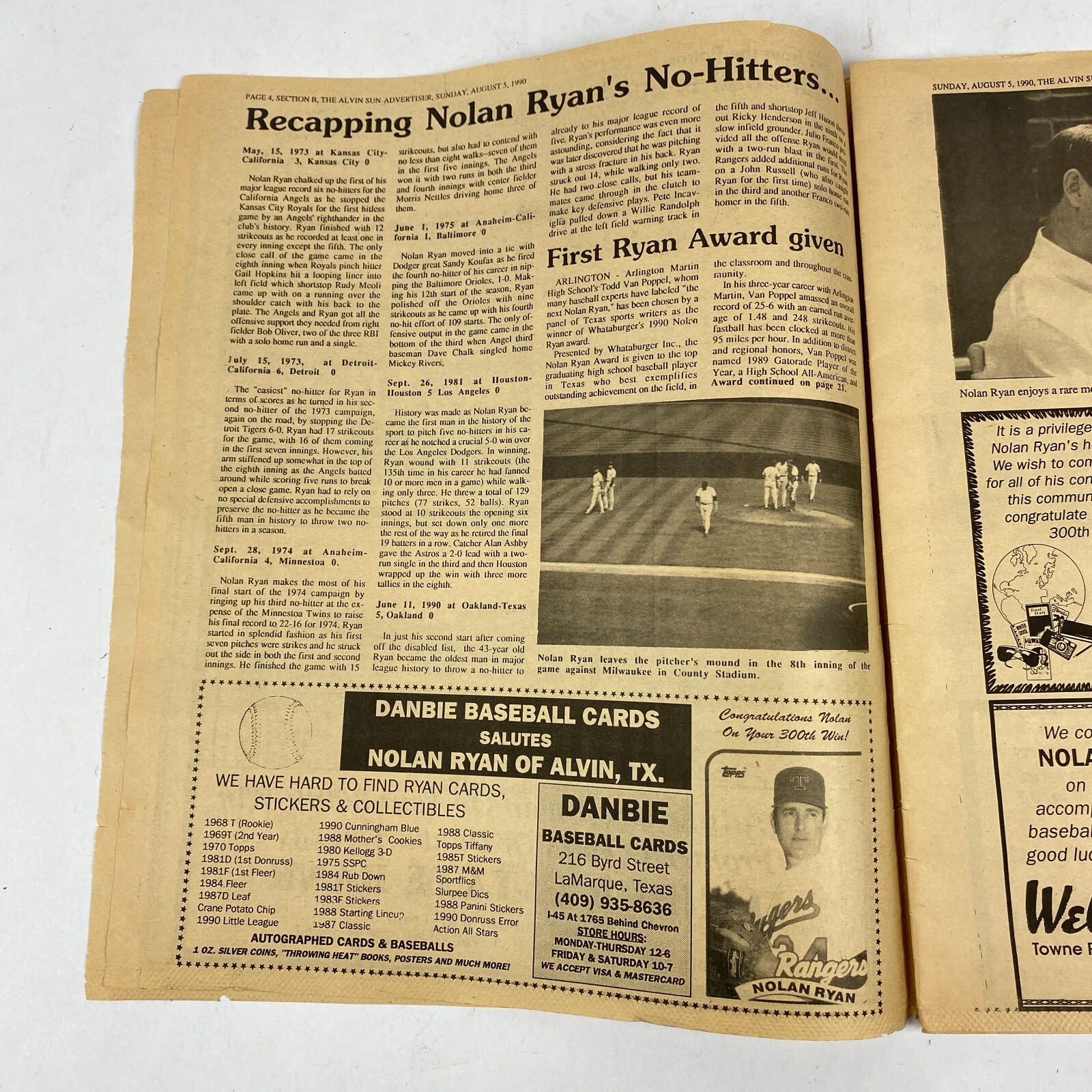 Alvin Sun Advertiser Newspaper Nolan Ryan Baseball Commemorative Edition 1990