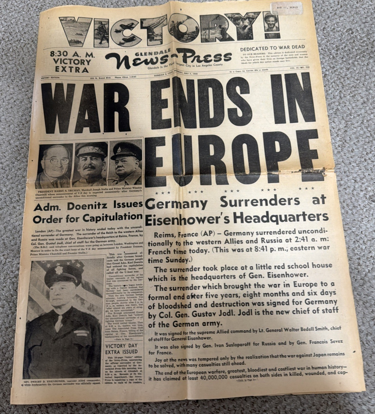 Glendale News-Press May 1945 Victory Extra War Ends in Europe