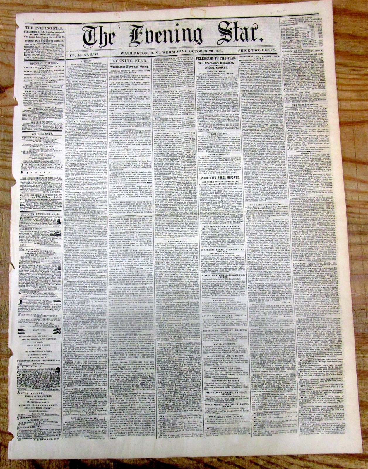 1869 newspaper with the APACHE INDIAN WAR describing ATROCITIES in NEW MEXICO