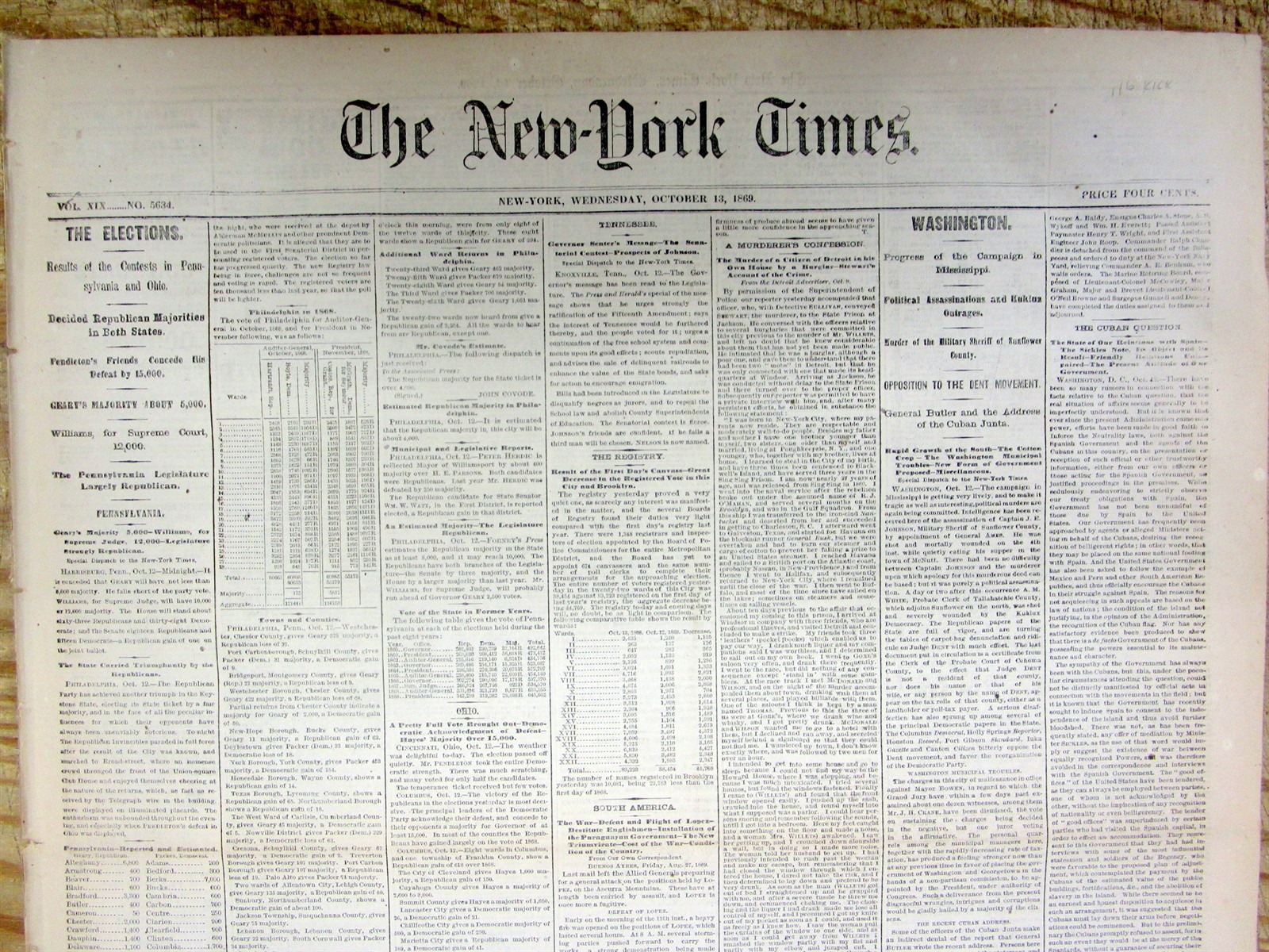 1869 NY Times newspaper Early KU KLUX KLAN MURDERS a POLITICIAN in MISSISSIPPI