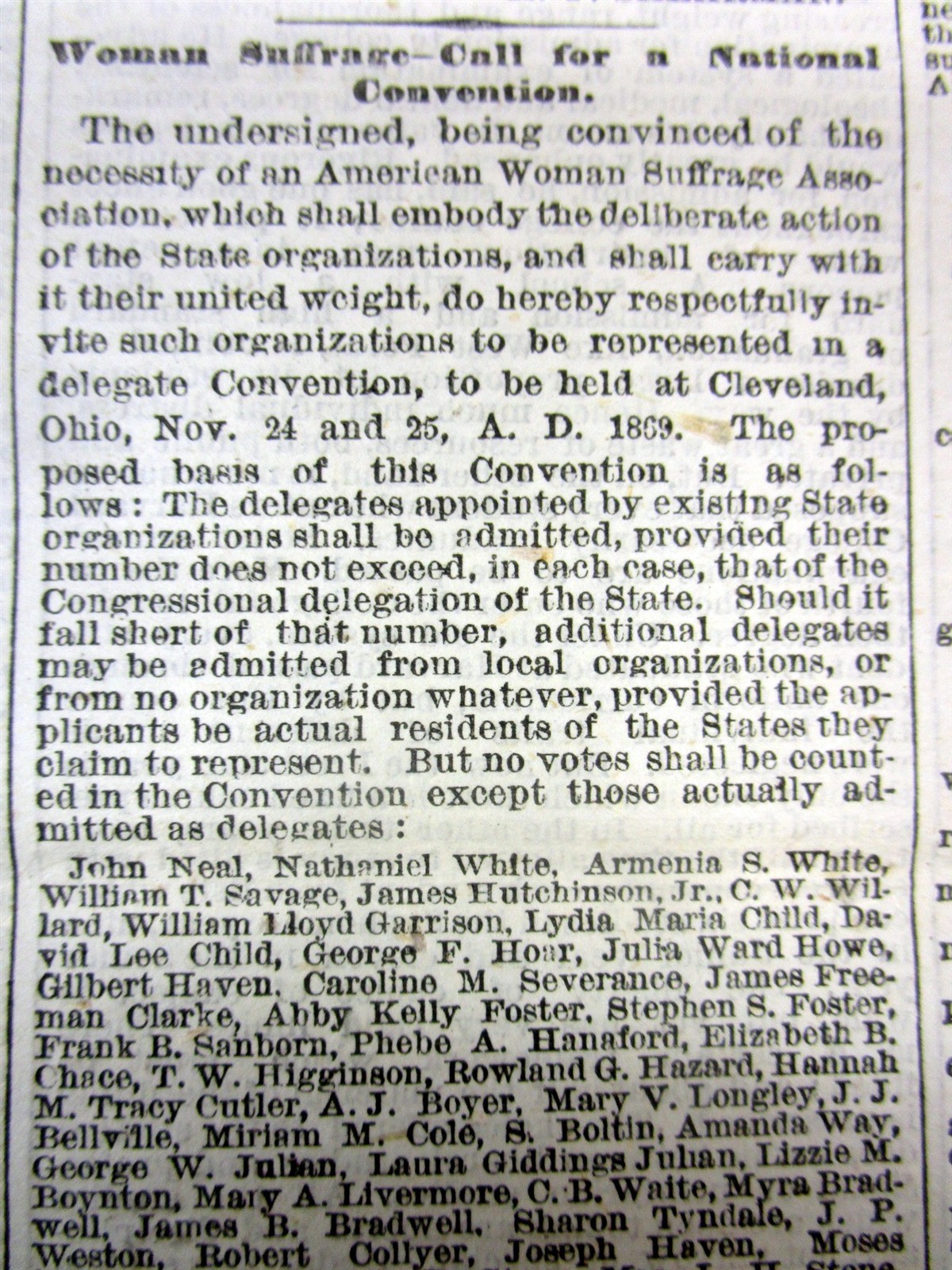 1869 NY Times newspaper wth FOUNDING of THE AMERICAN WOMAN SUFFRAGE ASSOCIATION