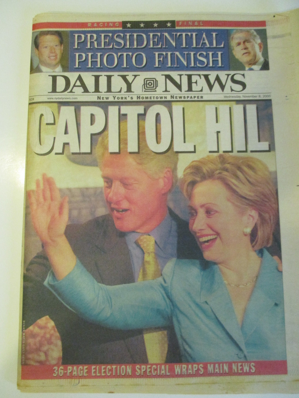 HILLARY CLINTON WINS NY NEW YORK daily news NEWSPAPER NOV 8, 2000 capitol hill