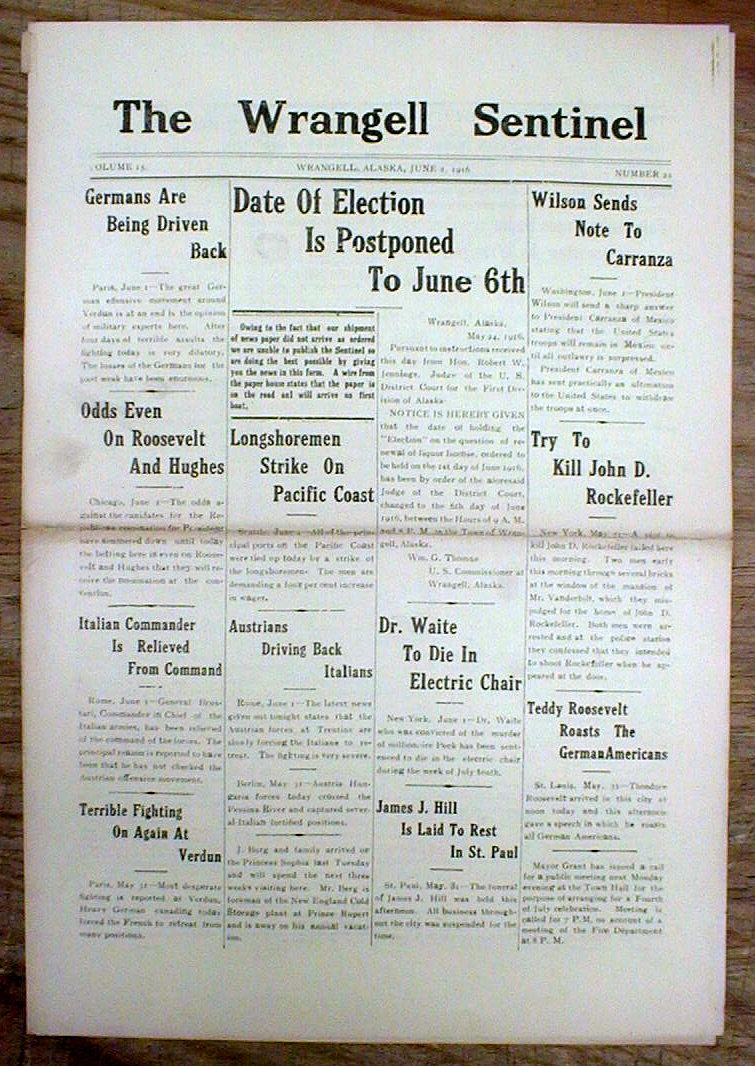 Rare 1916 Alaska newspaper WRANGELL SENTINEL – Oldest contin published in ALASKA