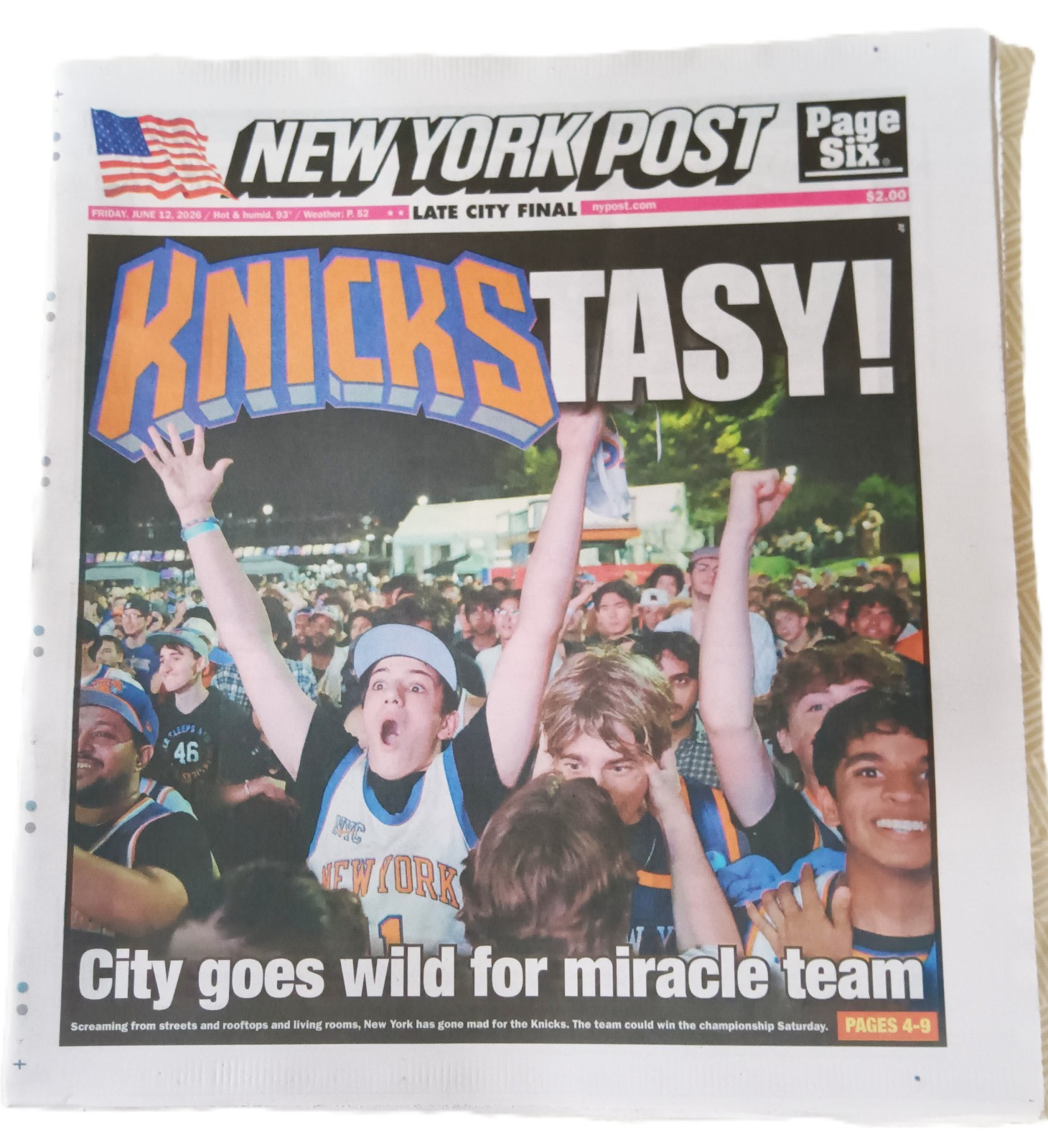 NEW YORK POST NEWSPAPER JUNE 12, 2026 KNICKS TASY! CITY WILD MIRACLE TEAM FOR #5