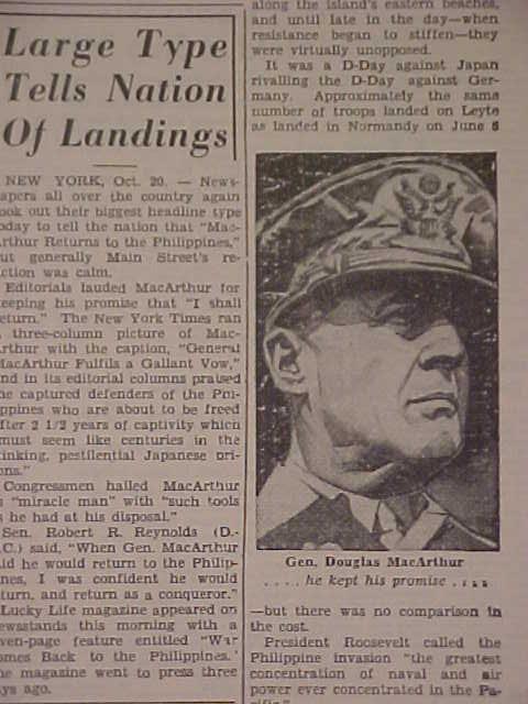VINTAGE NEWSPAPER HEADLINE~ WORLD WAR 2 Mac ARTHUR RETURNS PHILIPPINES WWII 1944