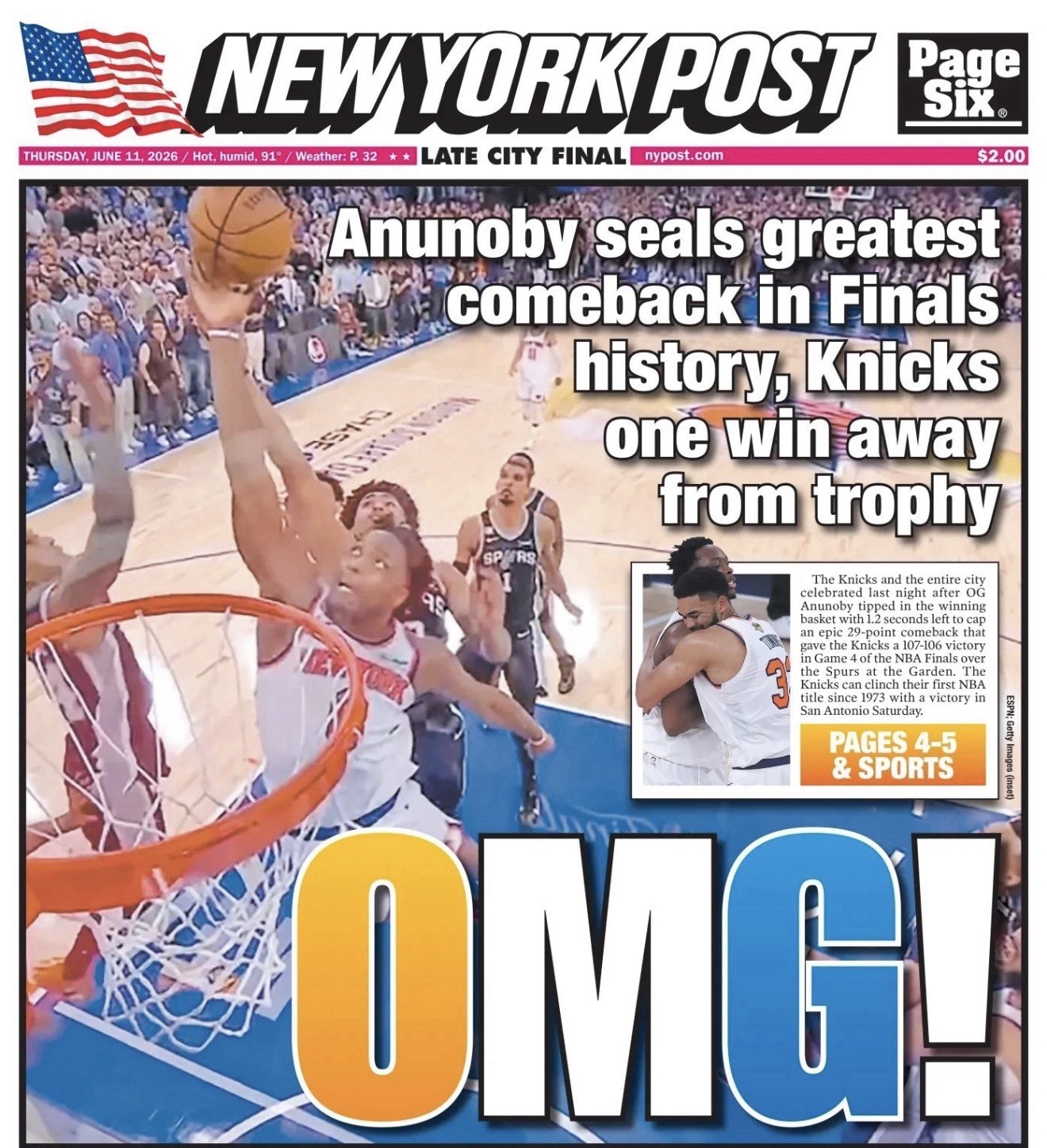 2026 New York Post 6/11 OMG! OG Anunoby NY Knicks Game 4 Comeback NBA Finals