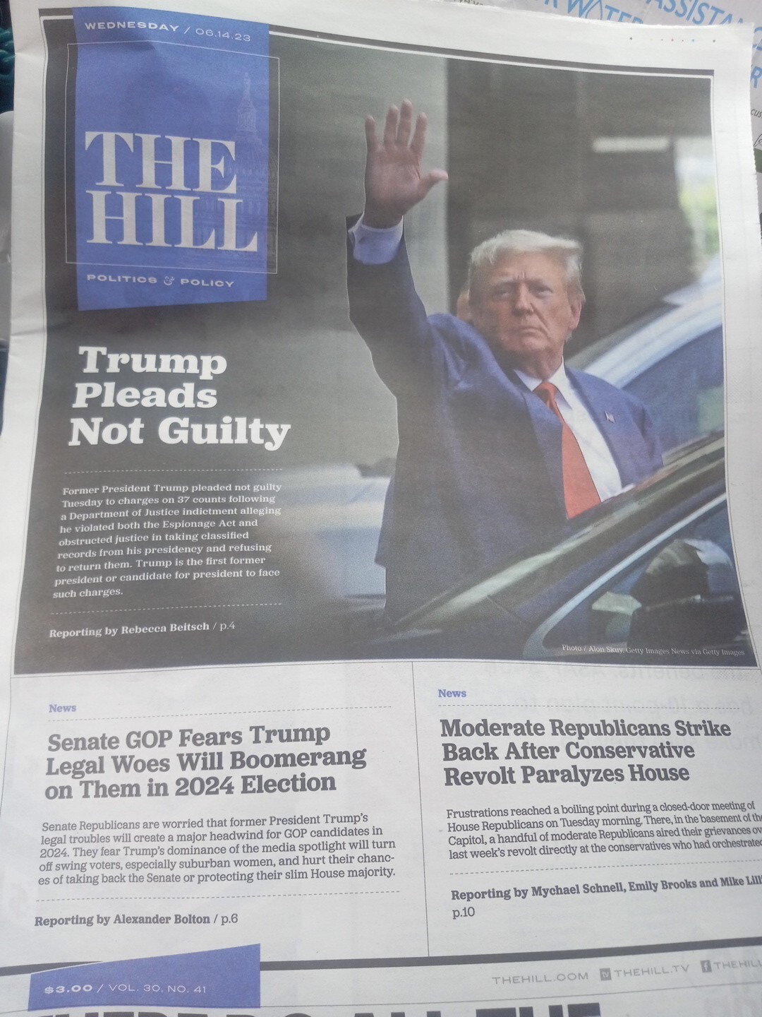 The Hill Newspaper Wednesday June 14 2023. Trump Pleads Not Guilty