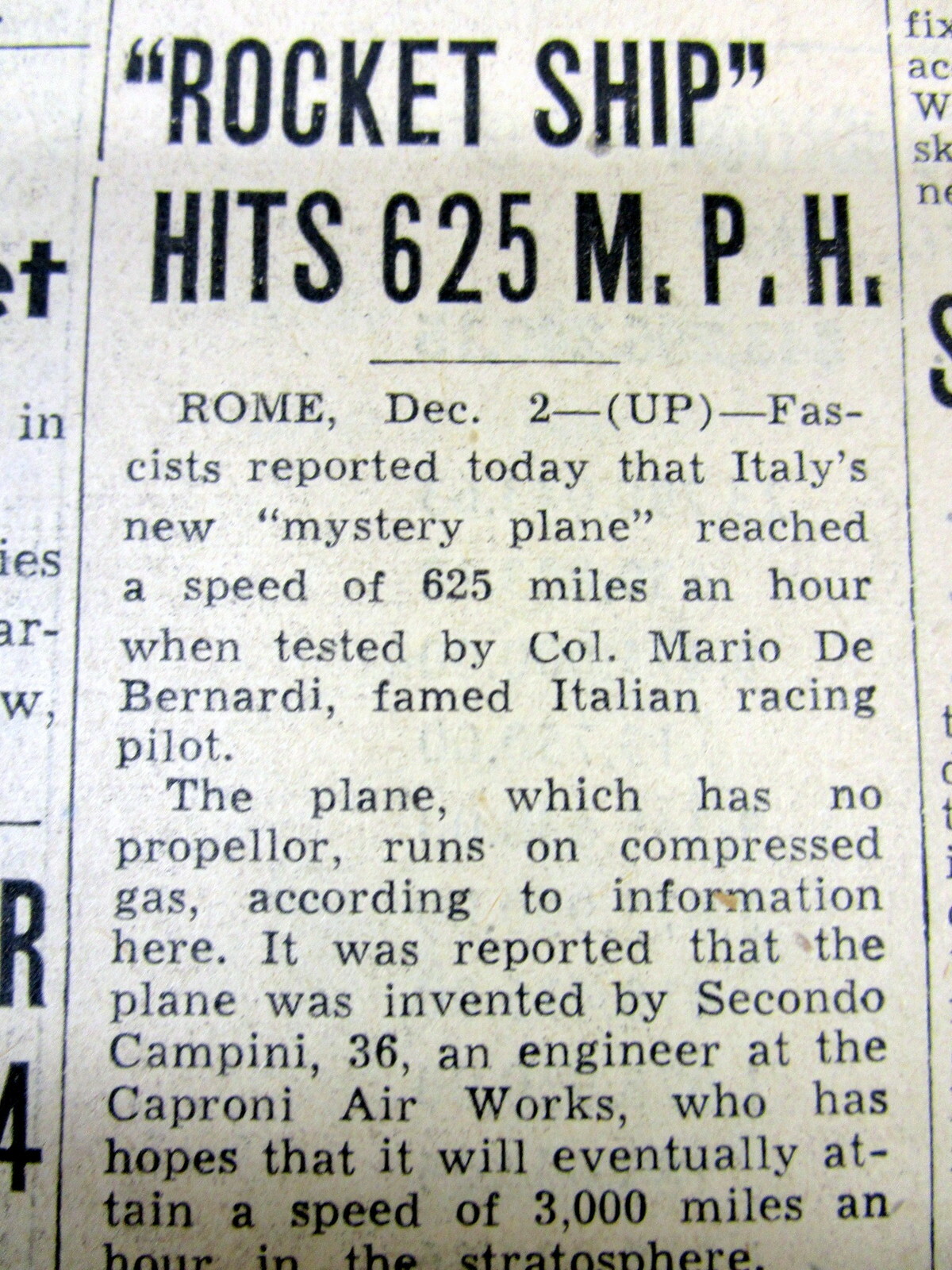 1940 newspaper ITALY produces the world’s FIRST JET PLANE – Caproni Campini N.1