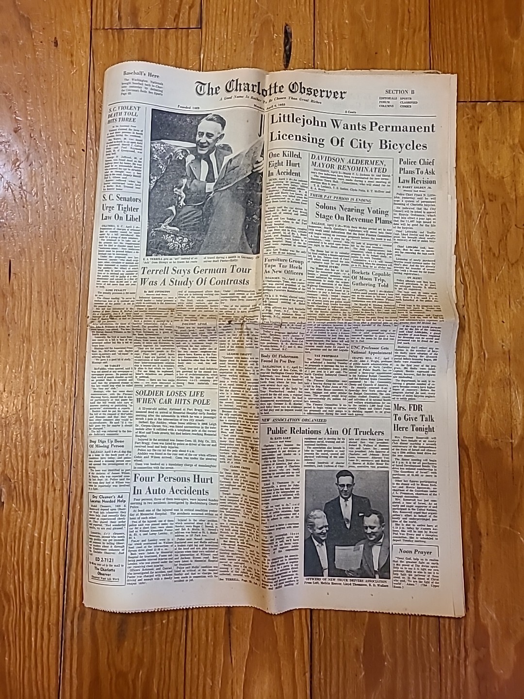 Vintage Newspaper Charlotte Observer North Carolina Apr 4, 1955, Section B