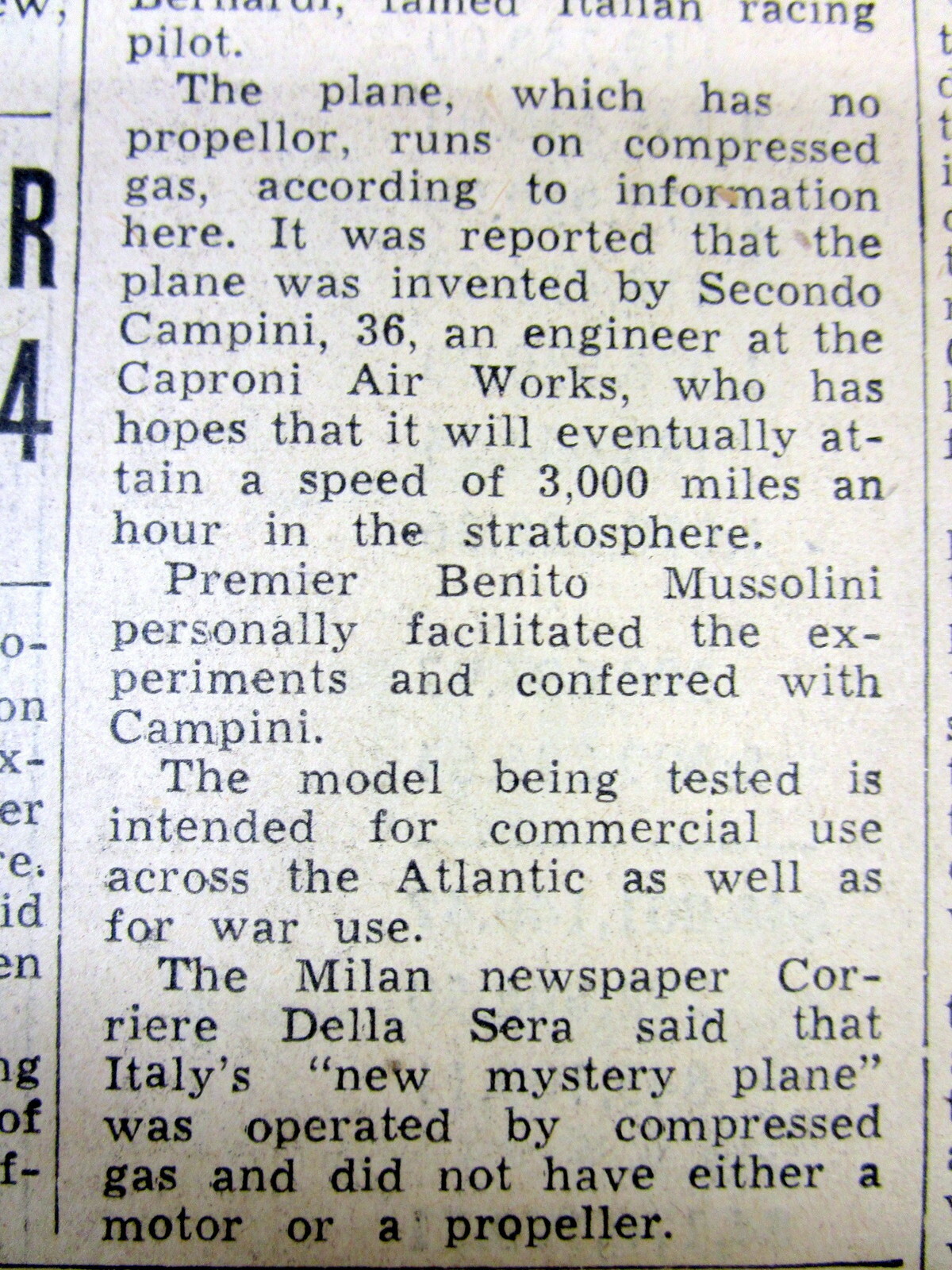 1940 newspaper ITALY produces the world’s FIRST JET PLANE – Caproni Campini N.1