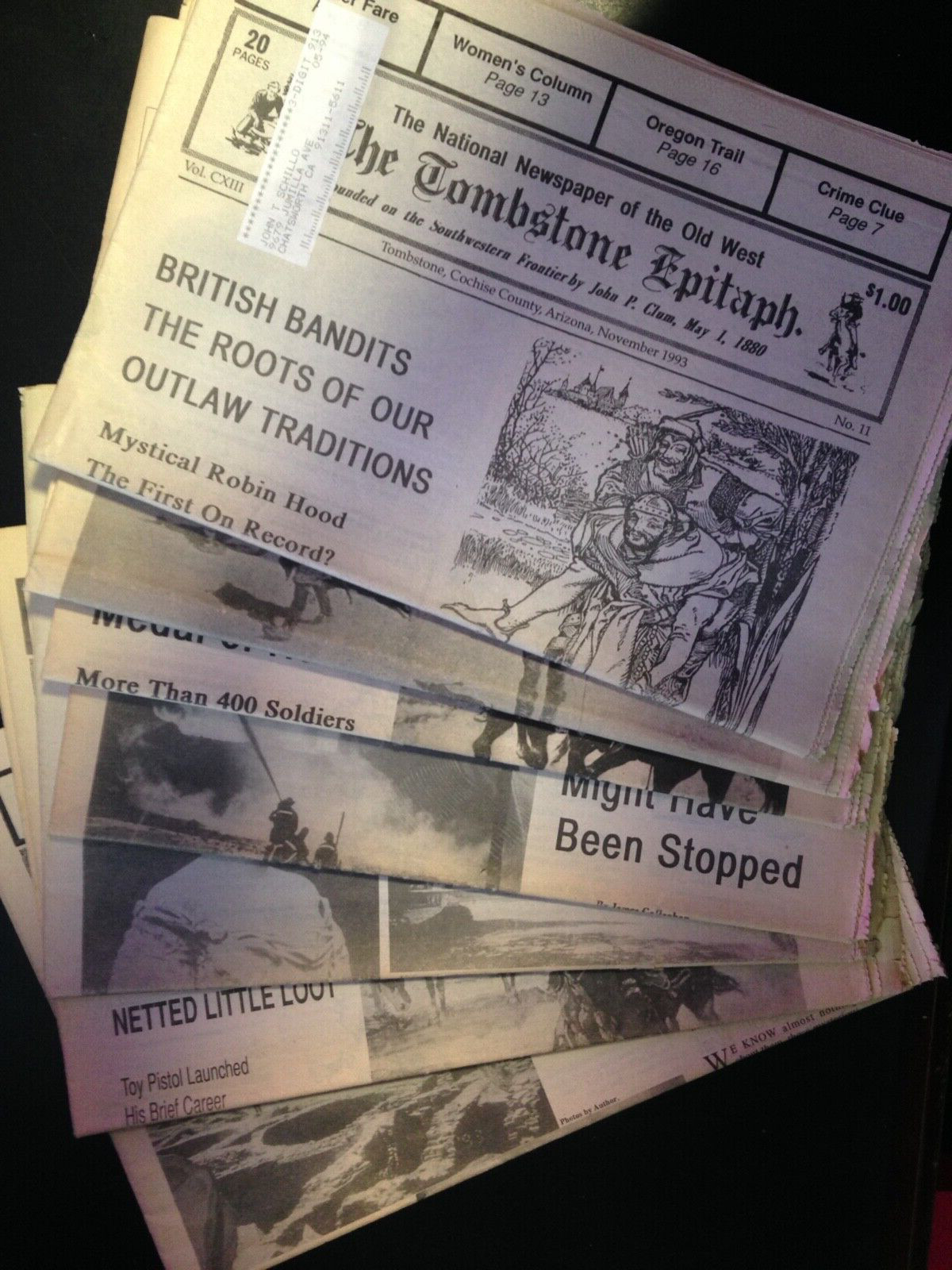 7 Newspaper lot, Tombstone Epitaph, + Ghost Town book. Set 11. Nice!