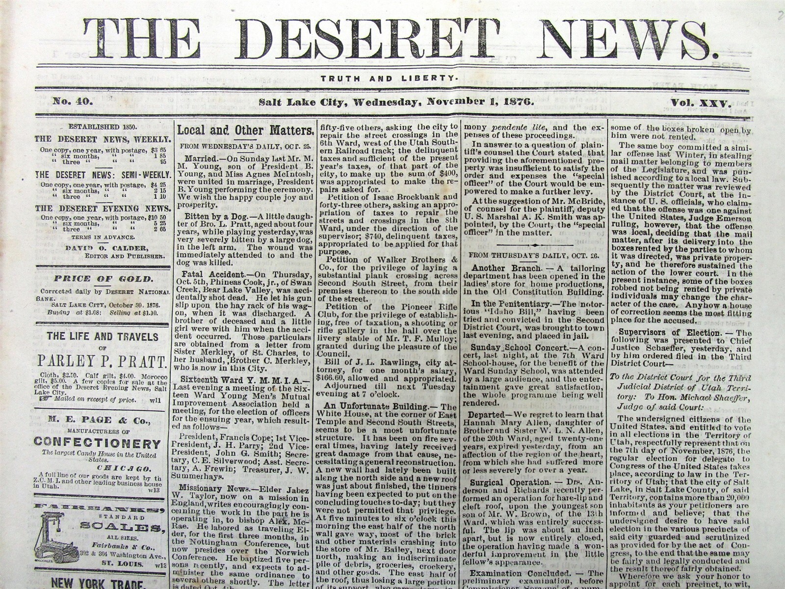1876 Salt Lake City UTAH TERRITORY newspaper wth CUSTER MASSACRE Little Big Horn