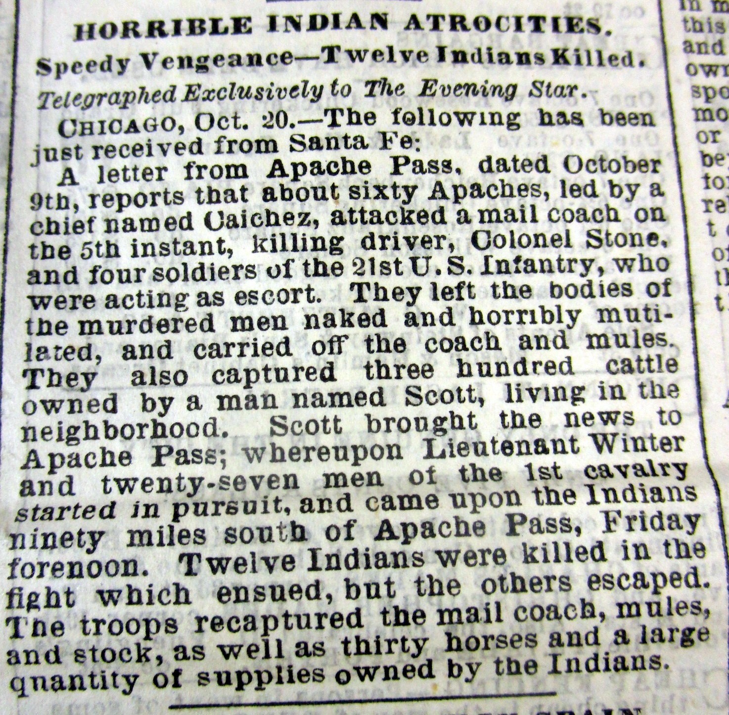 1869 newspaper with the APACHE INDIAN WAR describing ATROCITIES in NEW MEXICO