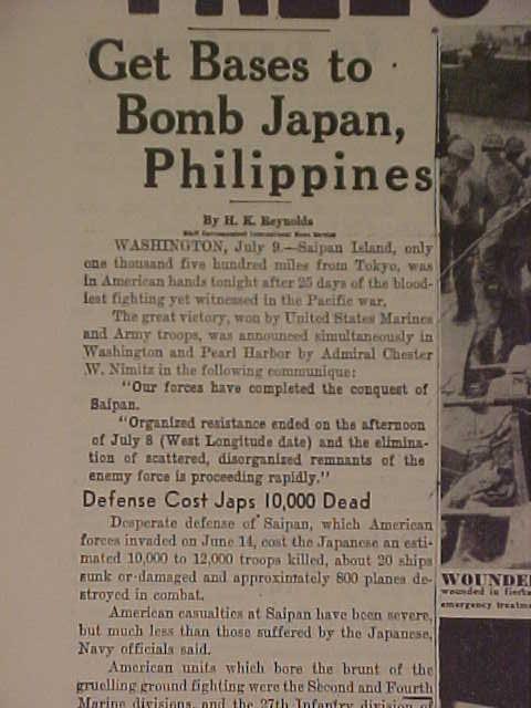 VINTAGE NEWSPAPER HEADLINES ~ WORLD WAR 2 JAPAN BATTLE SAIPAN FALLS WWII 1944