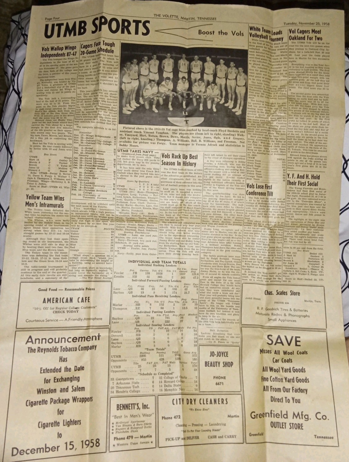 Martin Tennessee November 25, 1958 “The Volette” Newspaper