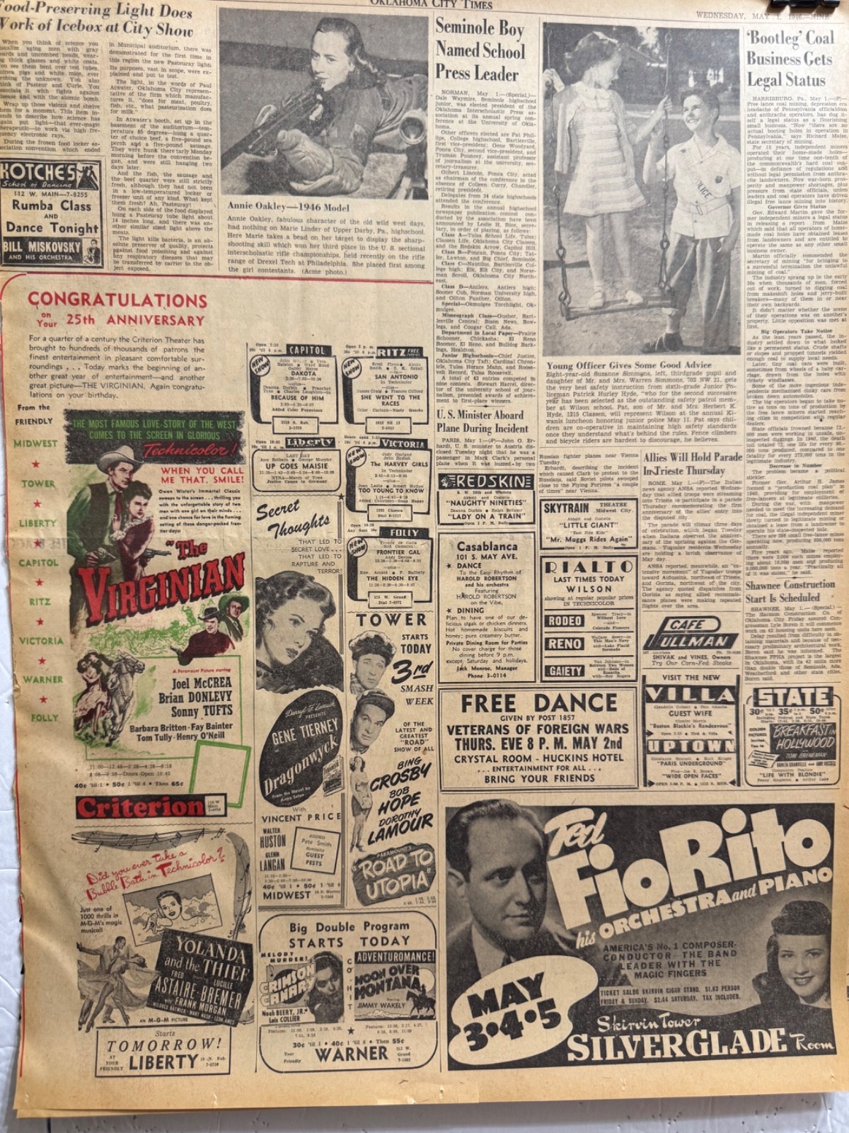 1946 MAY MOVIE ADS TWENTY-TWO OKLA. CITY NEWSPAPER PAGES WITH LOTS OF ADS