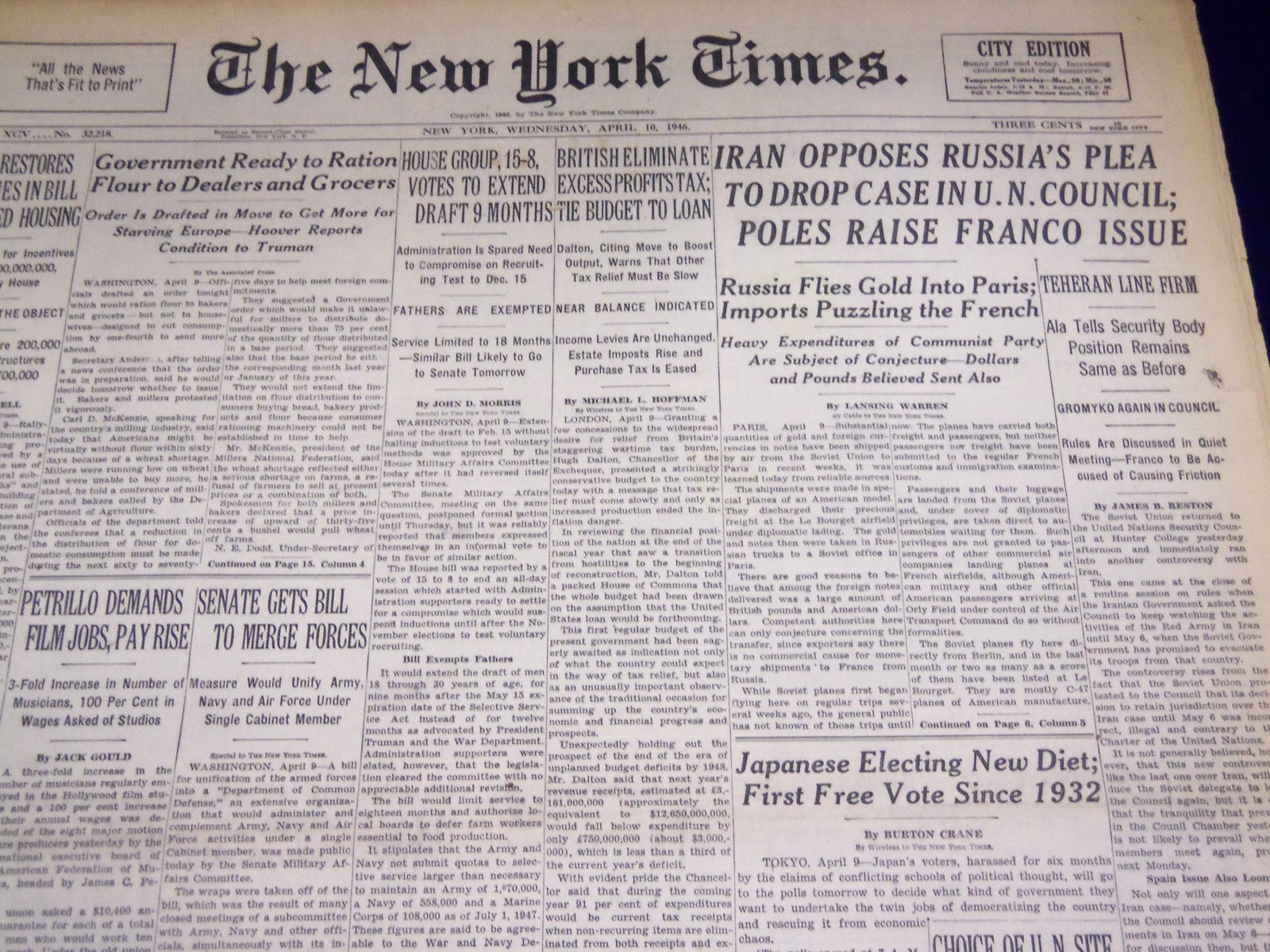 1946 APRIL 10 NEW YORK TIMES – CHOICE OF U. N. SITE SLATED – NT 3158