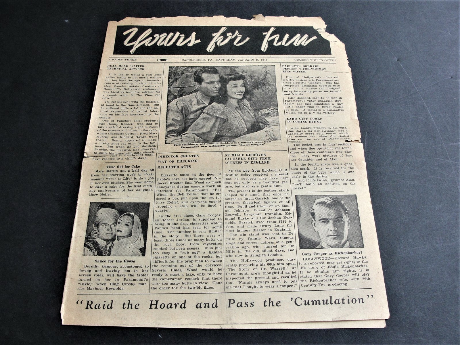 Vintage-Original 1940s Movie News & Ads.- Newspaper Set of (6). RARE.