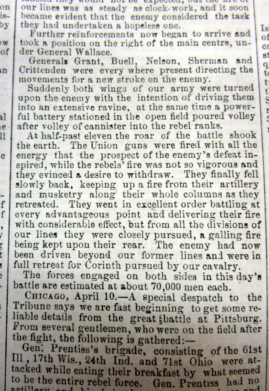 1862 Civil War display newspaper w BATTLE of SHILOH Pittsburg Landing TENNESSEE