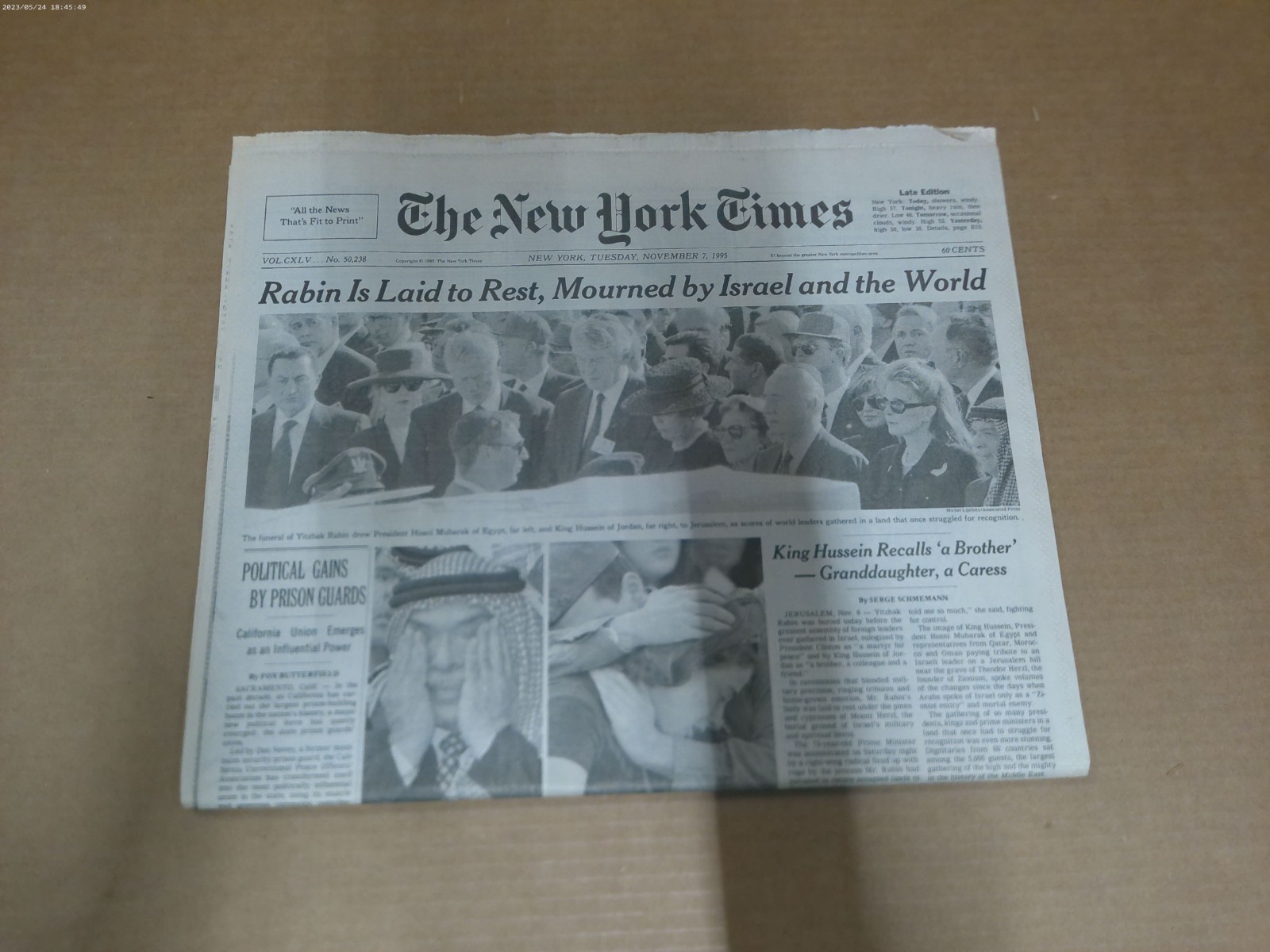 1995 New York Times Newspaper Yitzhak Rabin Funeral Israel November 7 1995